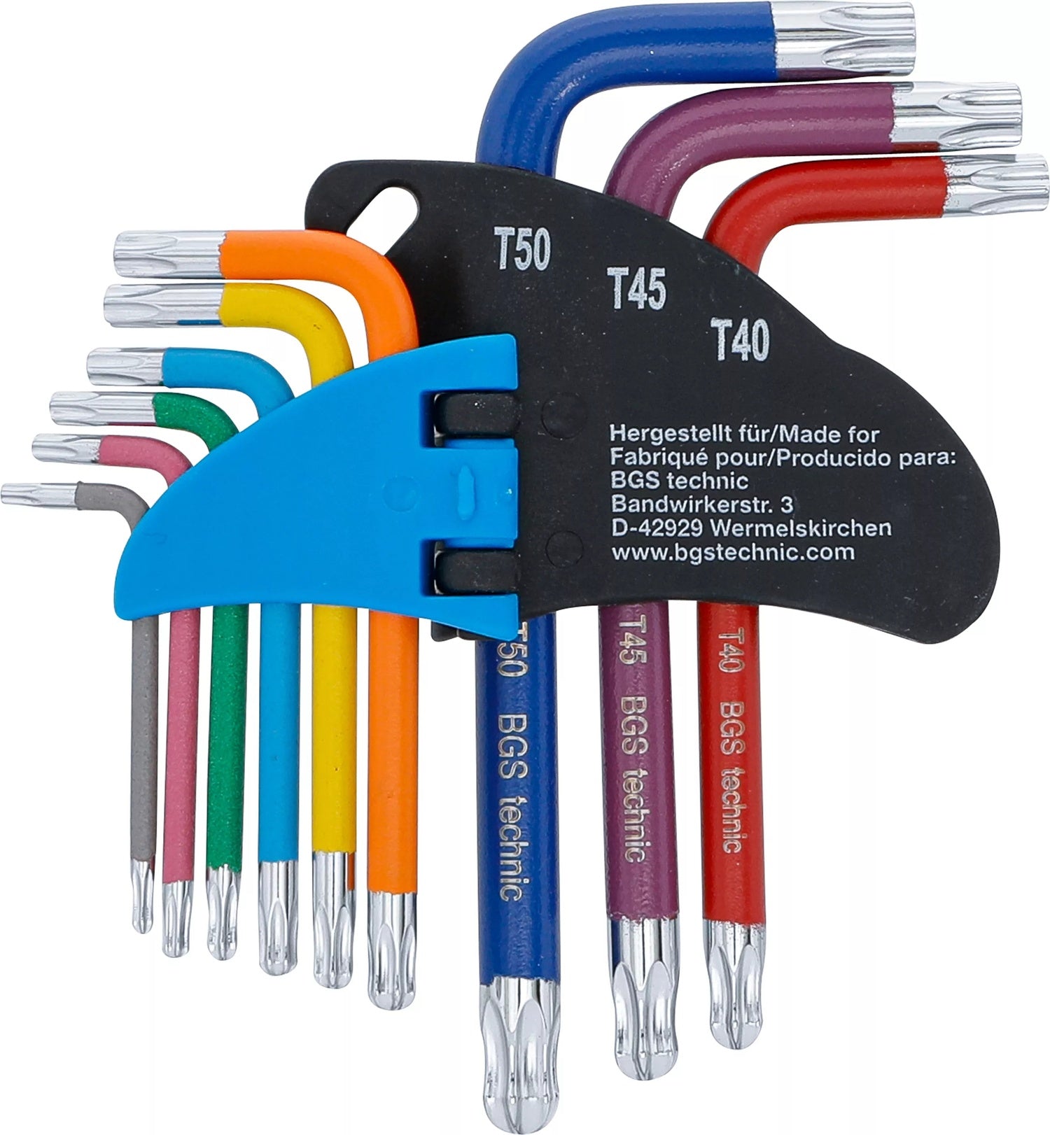 BGS 74463 Satz Winkelschlüssel Multicolour kurz T-Profil (für Torx) mit Bohrung und Kugelkopf T10 - T50 9 teilig