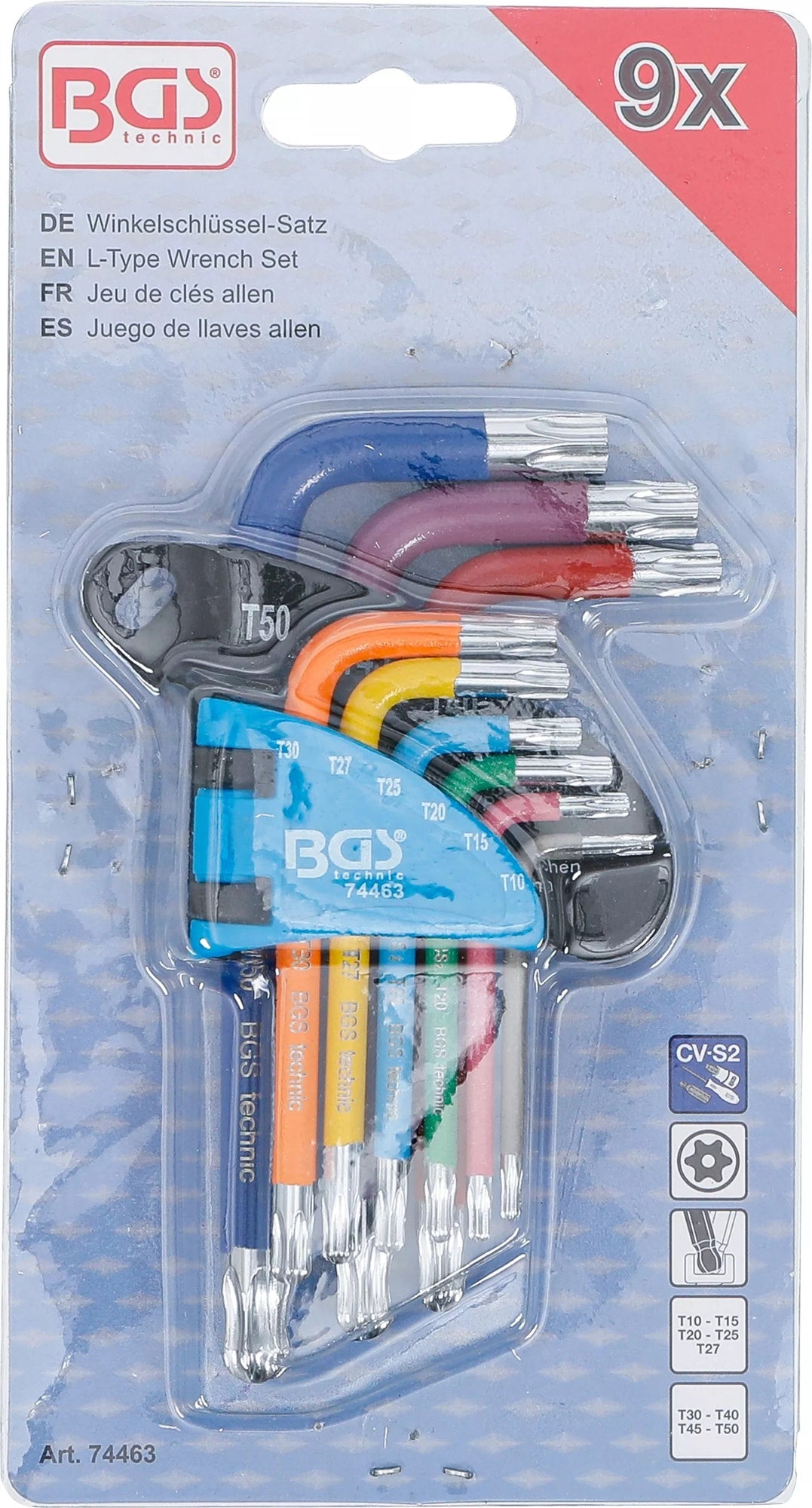 BGS 74463 Satz Winkelschlüssel Multicolour kurz T-Profil (für Torx) mit Bohrung und Kugelkopf T10 - T50 9 teilig