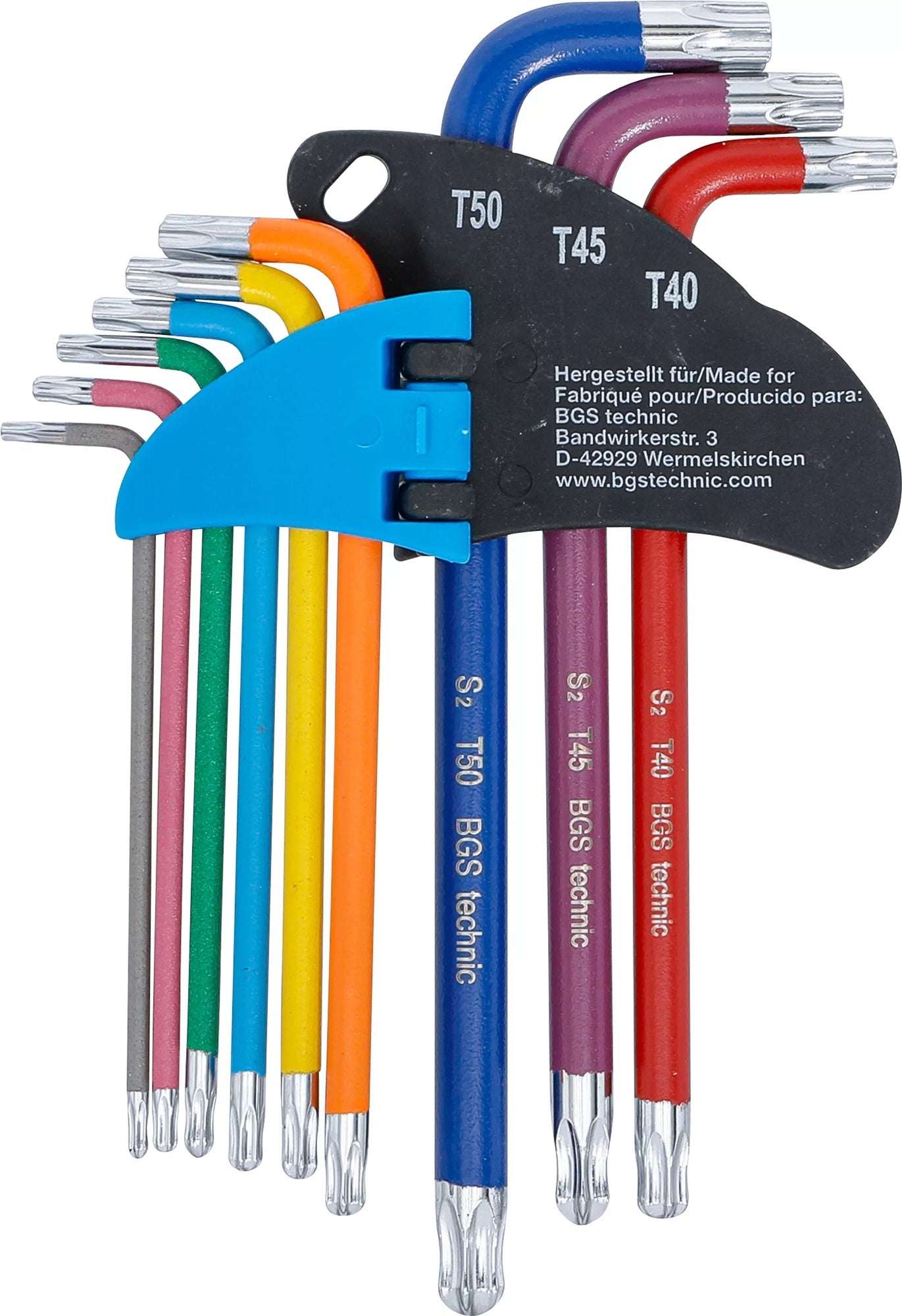 BGS 74464 Satz Winkelschlüssel Multicolour T-Profil (für Torx) mit Bohrung und Kugelkopf T10 - T50 9 teilig
