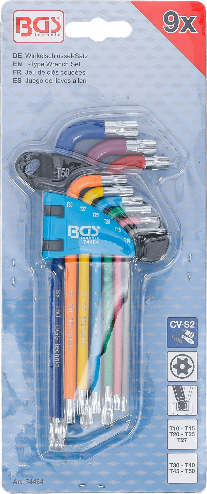 BGS 74464 Satz Winkelschlüssel Multicolour T-Profil (für Torx) mit Bohrung und Kugelkopf T10 - T50 9 teilig