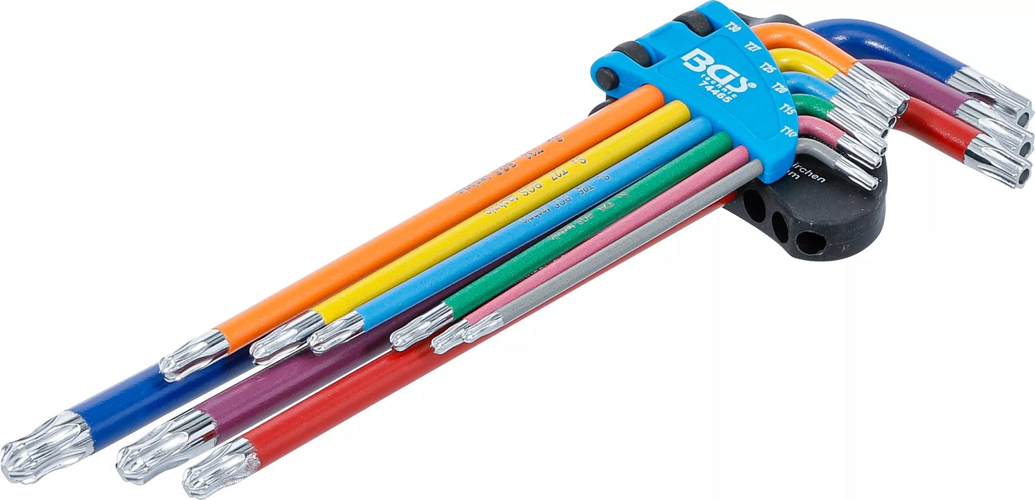 BGS 74465 Satz Winkelschlüssel Multicolour extra lang T-Profil (für Torx) mit Bohrung und Kugelkopf T10 - T50 9 teilig