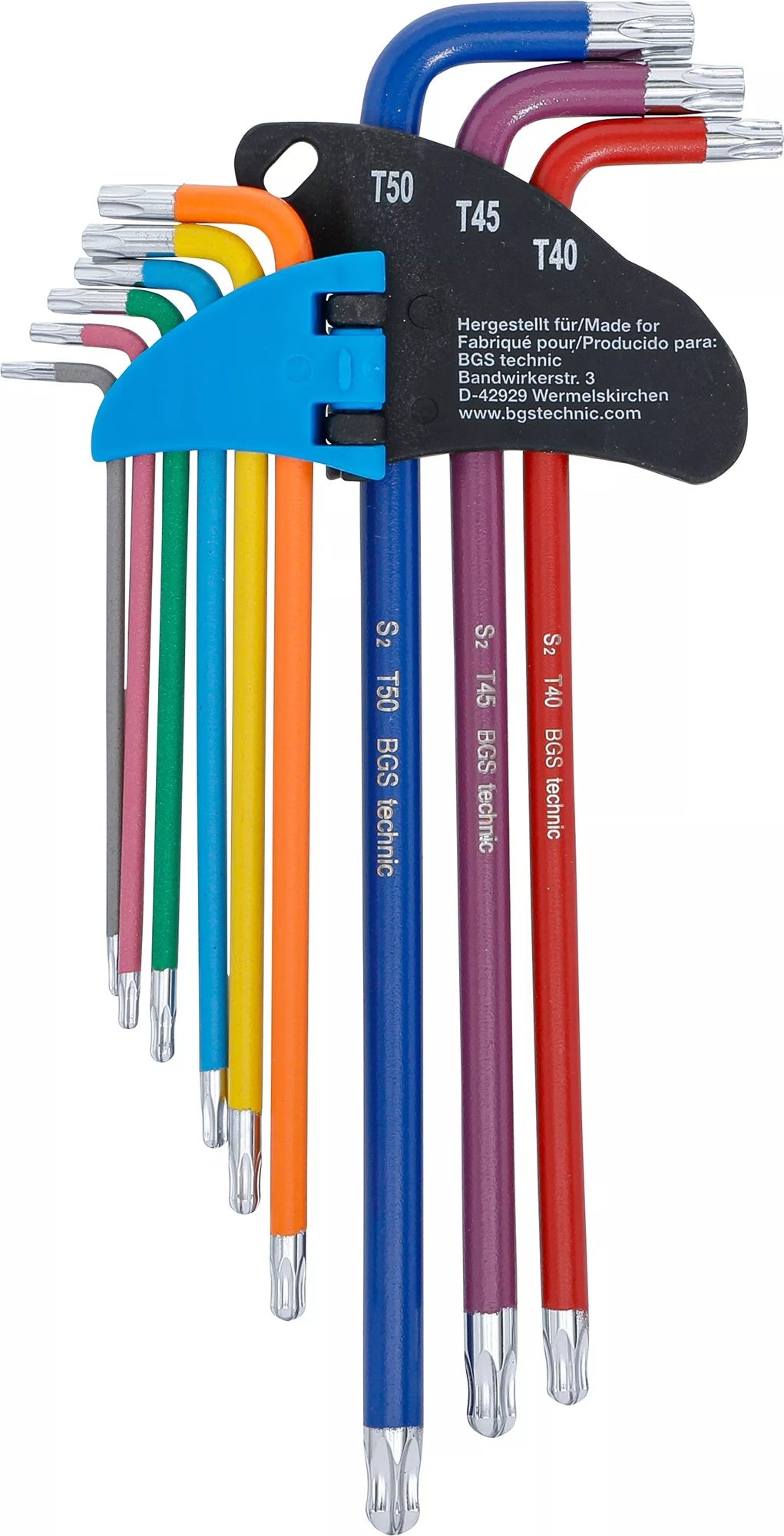 BGS 74465 Satz Winkelschlüssel Multicolour extra lang T-Profil (für Torx) mit Bohrung und Kugelkopf T10 - T50 9 teilig