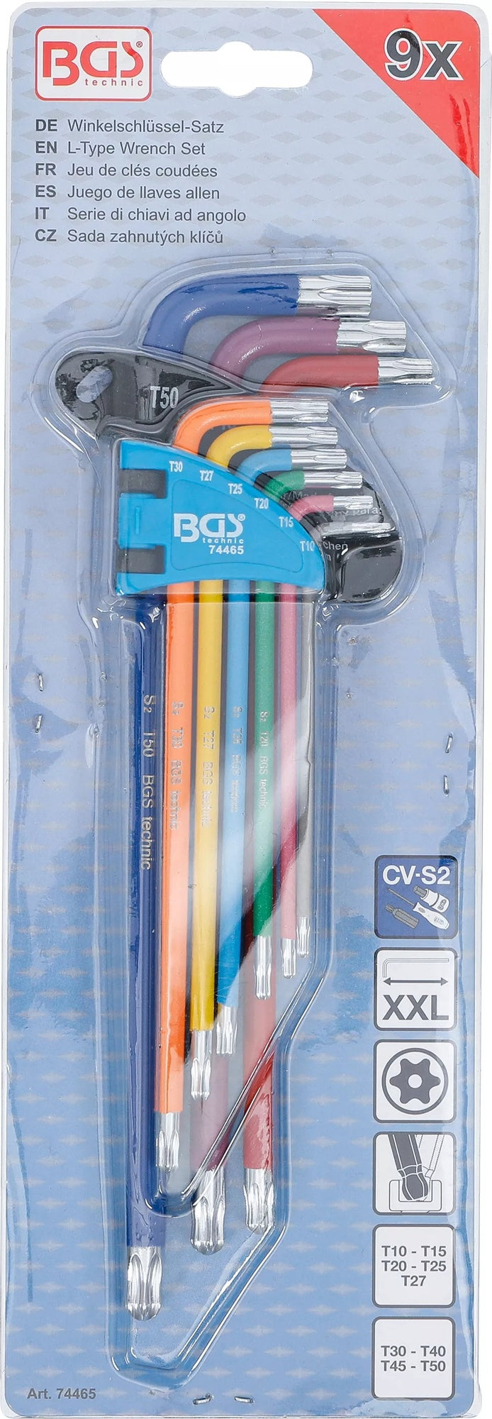 BGS 74465 Satz Winkelschlüssel Multicolour extra lang T-Profil (für Torx) mit Bohrung und Kugelkopf T10 - T50 9 teilig