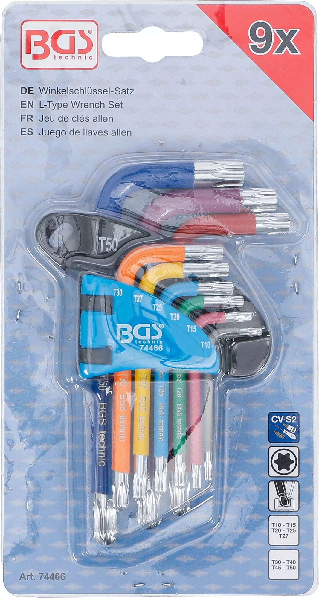 BGS 74466 Satz Winkelschlüssel Multicolour kurz T-Profil (für Torx) mit Kugelkopf T10 - T50 9 teilig