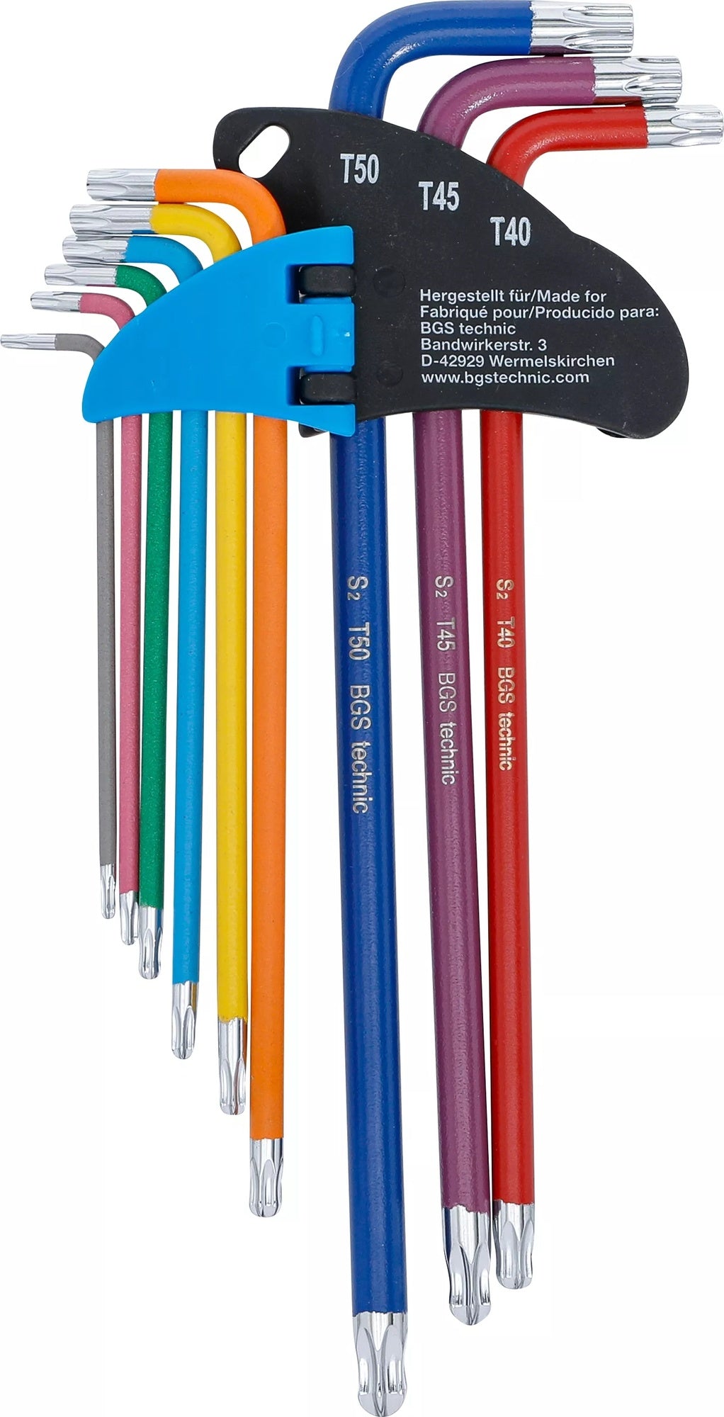 BGS 74468 Satz Winkelschlüssel Multicolour extra lang T-Profil (für Torx) mit Kugelkopf T10 - T50 9 teilig