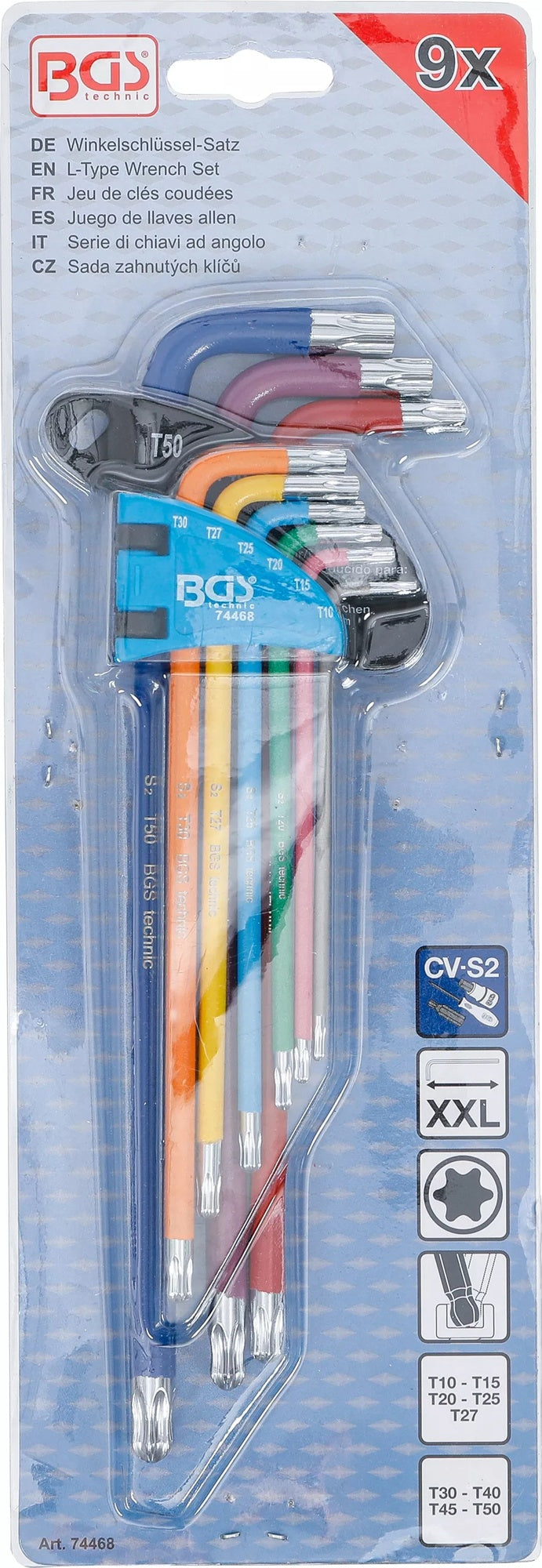 BGS 74468 Satz Winkelschlüssel Multicolour extra lang T-Profil (für Torx) mit Kugelkopf T10 - T50 9 teilig