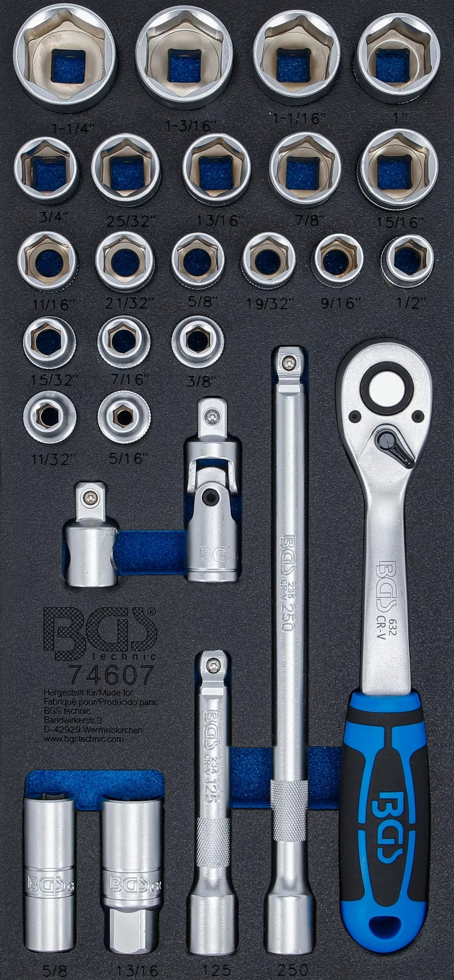 BGS 74607 Satz ZOLL Steckschlüssel Einsätze Zollgrößen 12,5mm (1/2") Werkstattwageneinlage 1/3