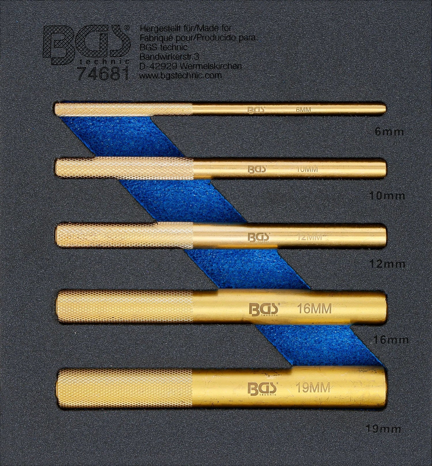 BGS 74681 Satz Messingdorn 6-19mm Werkstattwageneinlage 1/6 5 teilig Austreibwerkzeug