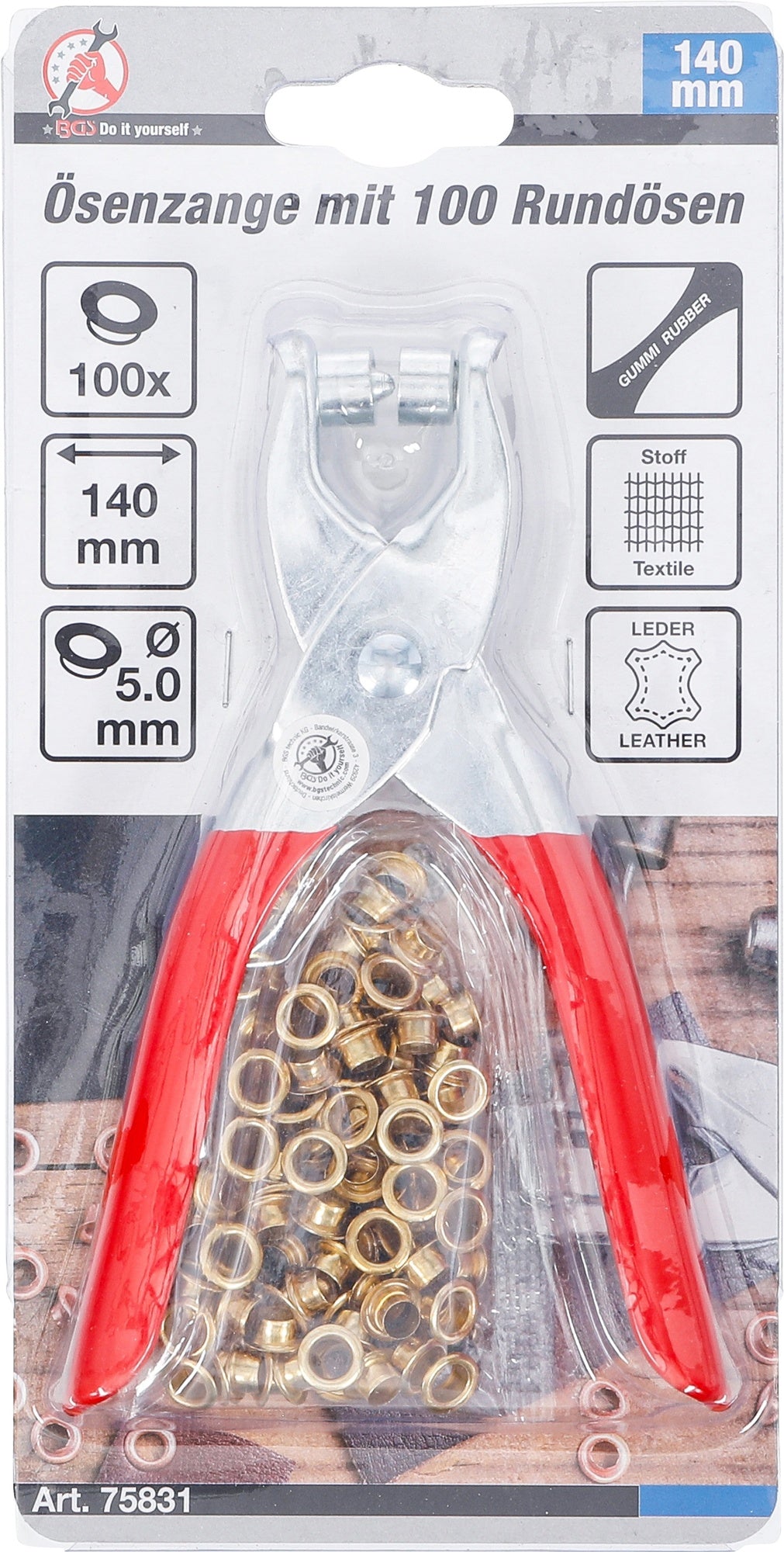 BGS DIY 75831 Ösenzange / Knopfzange mit 100 Ösen Ø 5,0mm