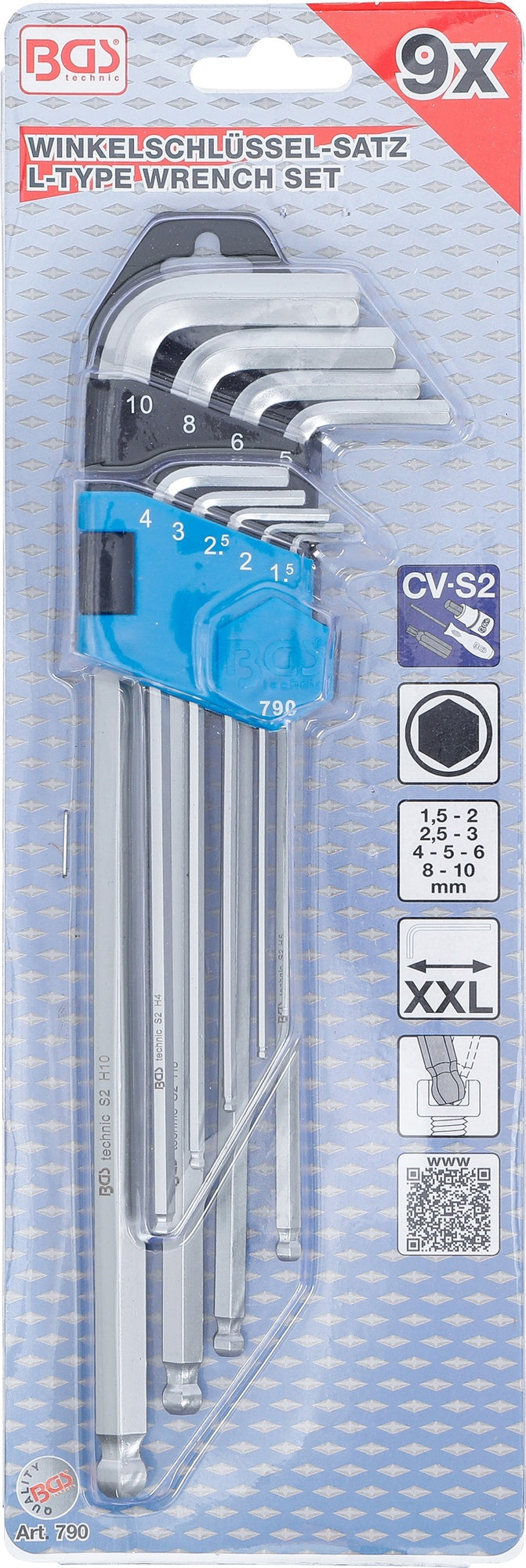 BGS 790 Satz Winkelschlüssel extra lang Innensechskant / Innensechskant mit Kugelkopf 1,5 - 10mm 9 teilig