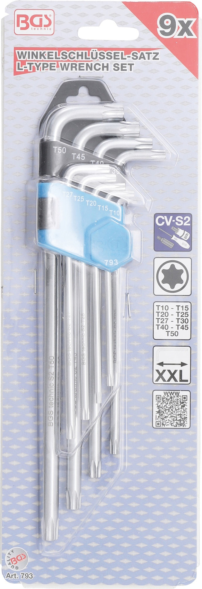 BGS 793 Satz Winkelschlüssel T-Profil (für Torx) extra lang T10 - T50 9 teilig