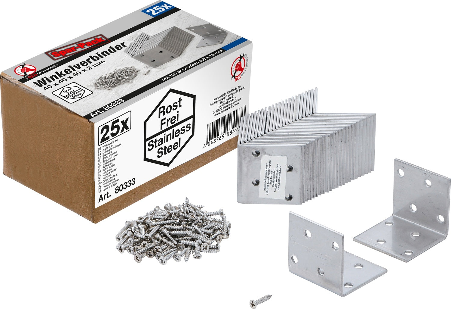 BGS DIY 80333 Satz Winkelverbinder rostfrei 40 x 40 x 40 x 2mm Sparpack 25 Stück