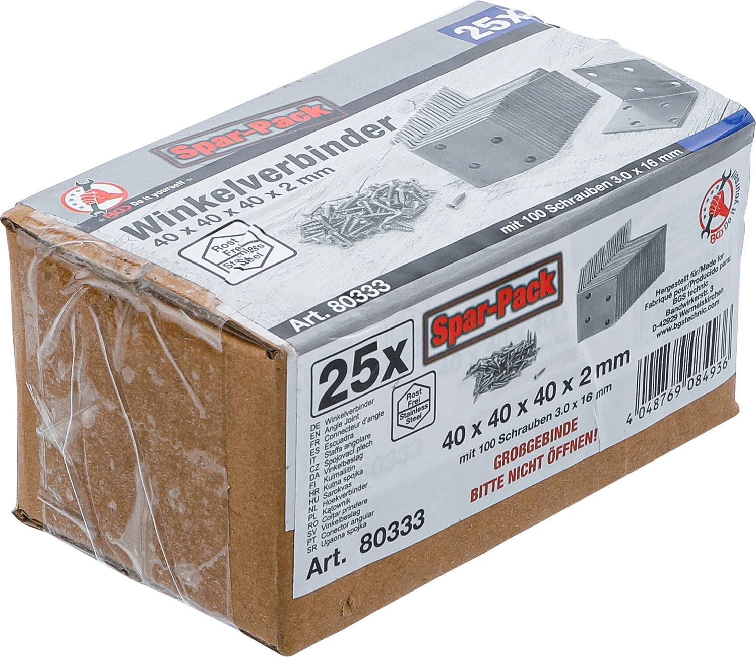 BGS DIY 80333 Satz Winkelverbinder rostfrei 40 x 40 x 40 x 2mm Sparpack 25 Stück