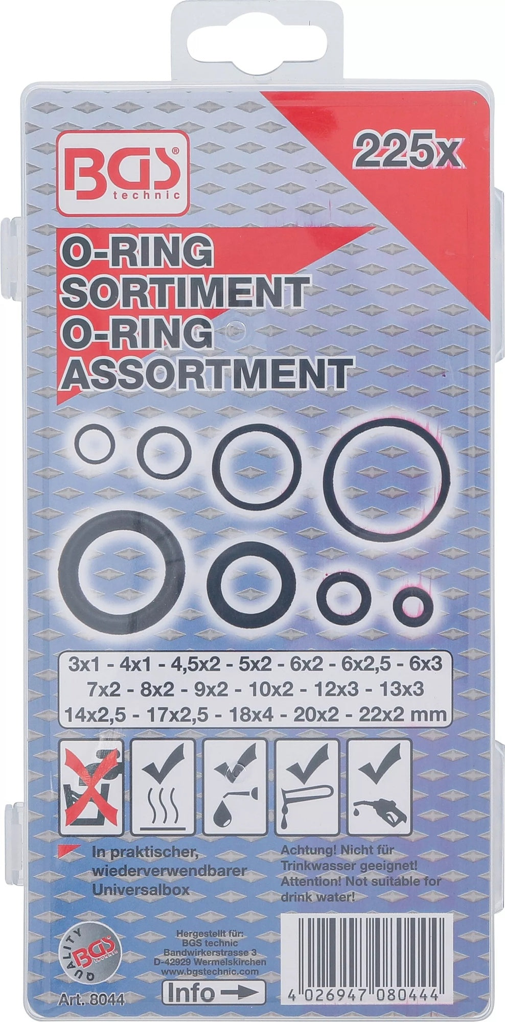 BGS 8044 Sortiment O-Ring Dichtungsringe Ø3-22 mm 225 teilig