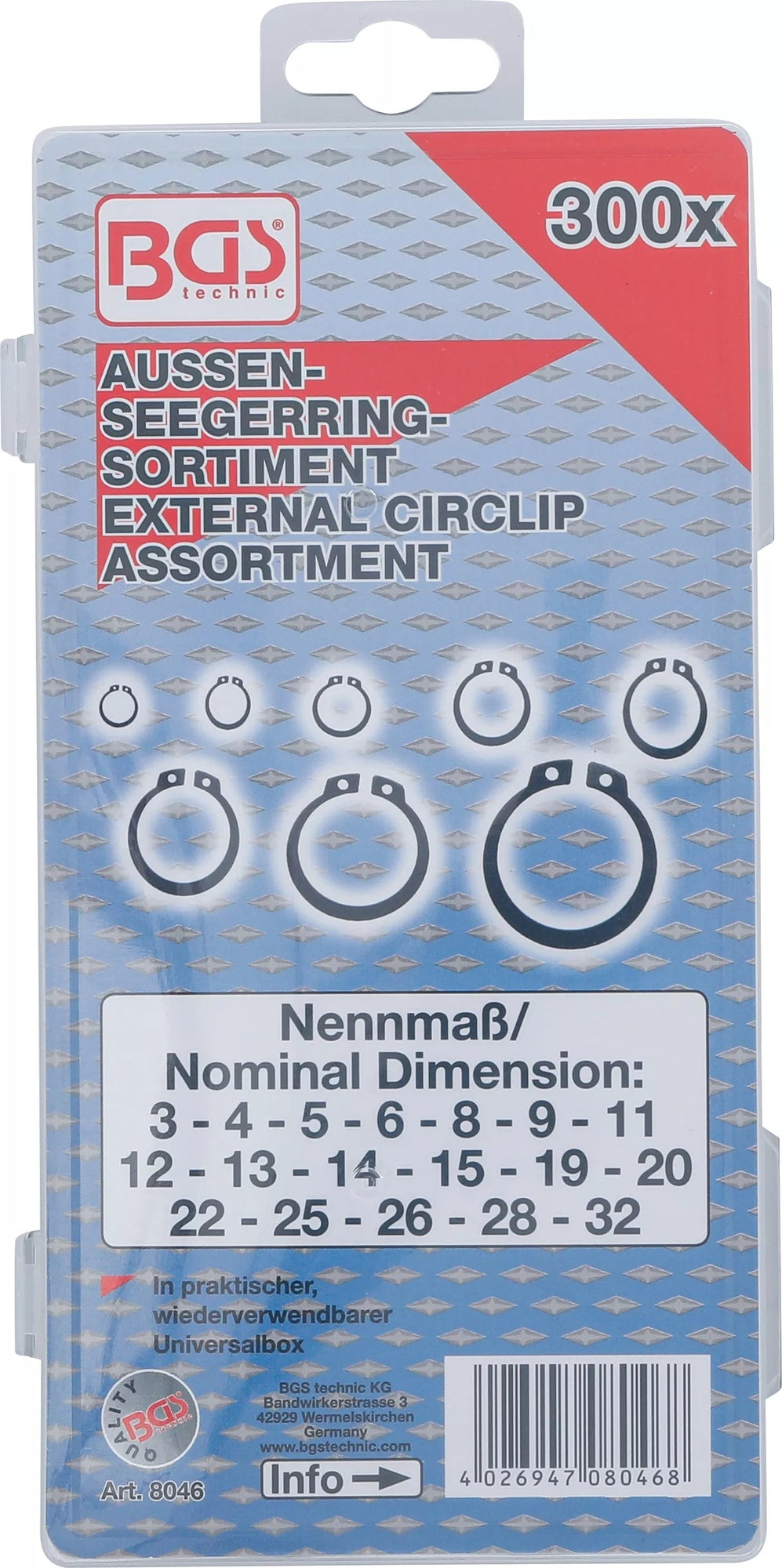BGS 8046 Sortiment  Seegerringe / Sprengringe / Aussenseegeringe 300 teilig