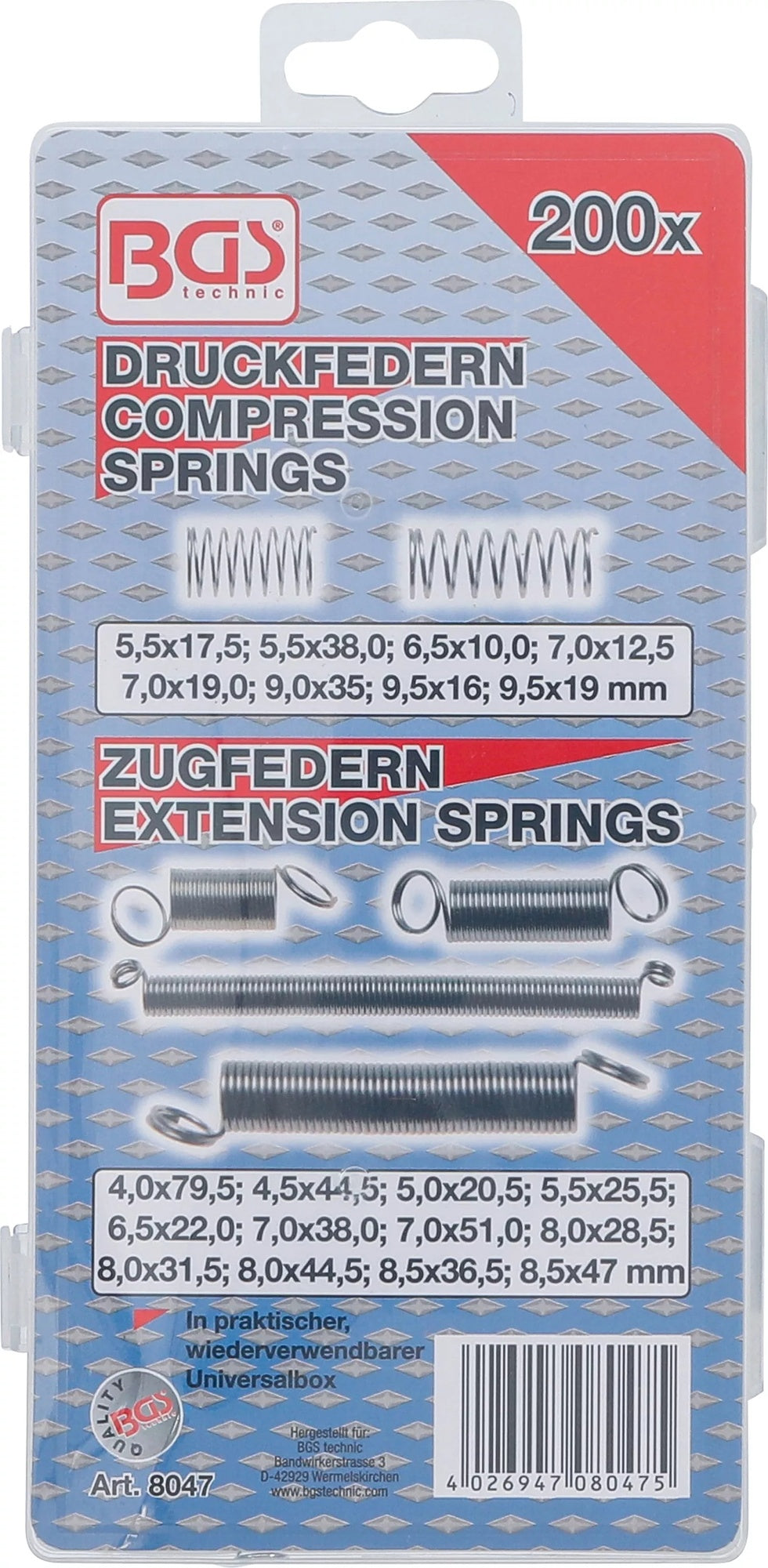 BGS 8047 Sortiment Federn Zugfedern / Druckfedern 200 teilig im Kasten