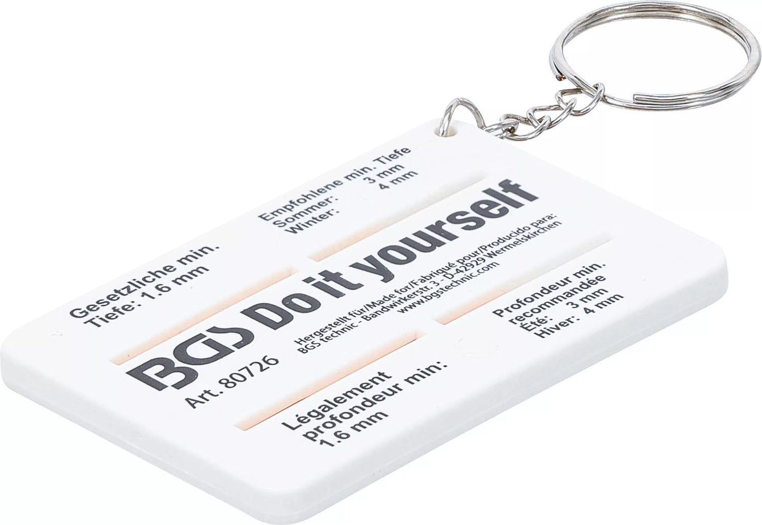 BGS DIY 80726 Profiltiefenmesser Messgerät Reifenprofiltiefe 0-20mm mit Schlüsselanhänger