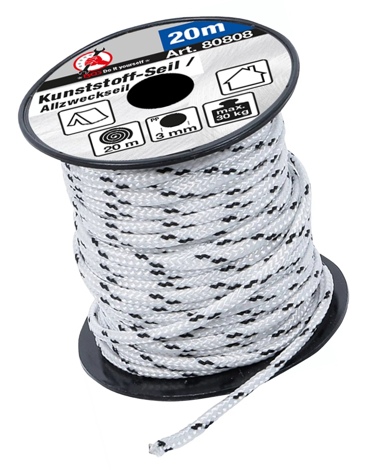 BGS DIY 80808 Kunststoffseil Allzweckseil Länge 20 Meter Ø3mm schwarz/weiß
