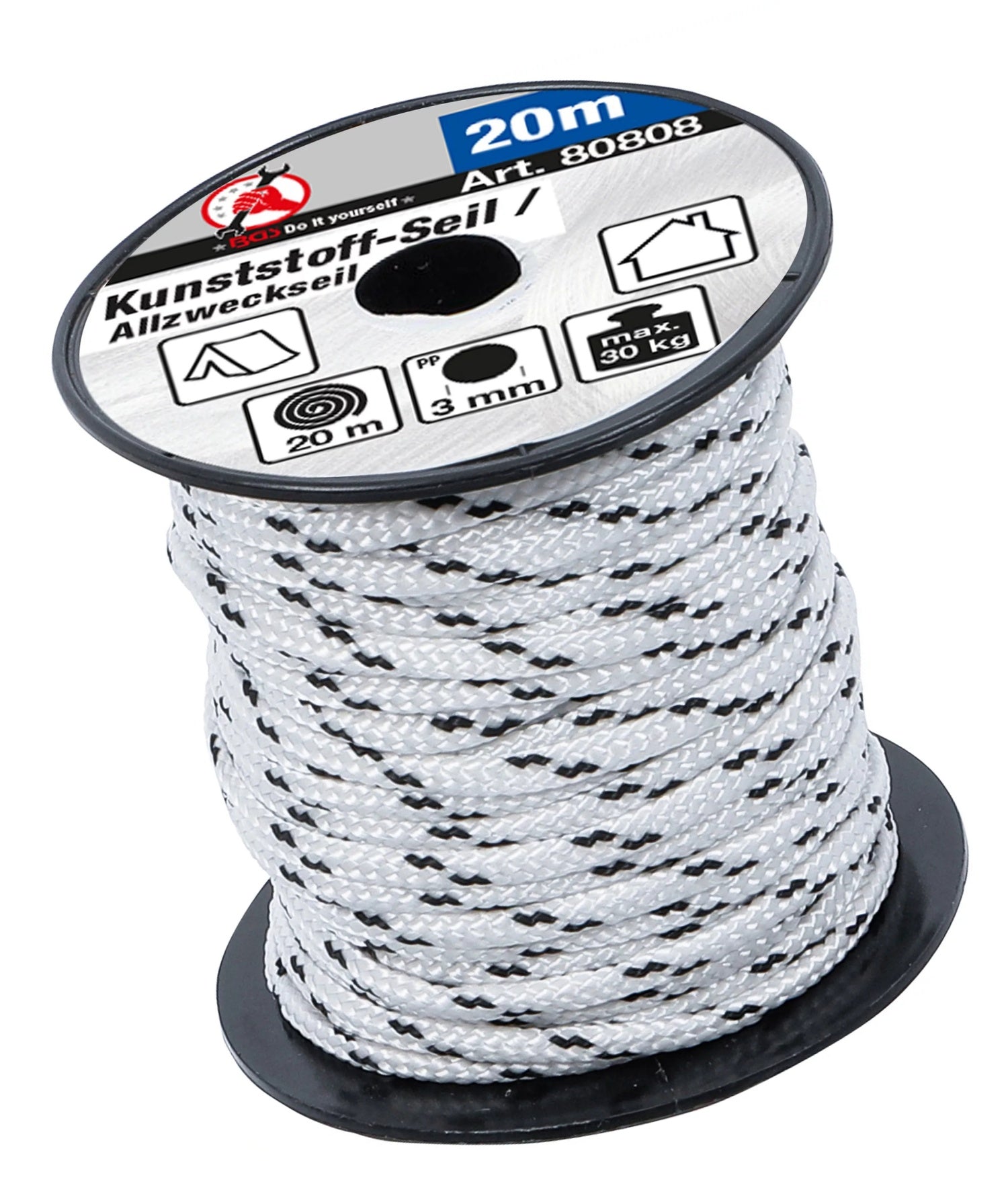 BGS DIY 80808 Kunststoffseil Allzweckseil Länge 20 Meter Ø3mm schwarz/weiß
