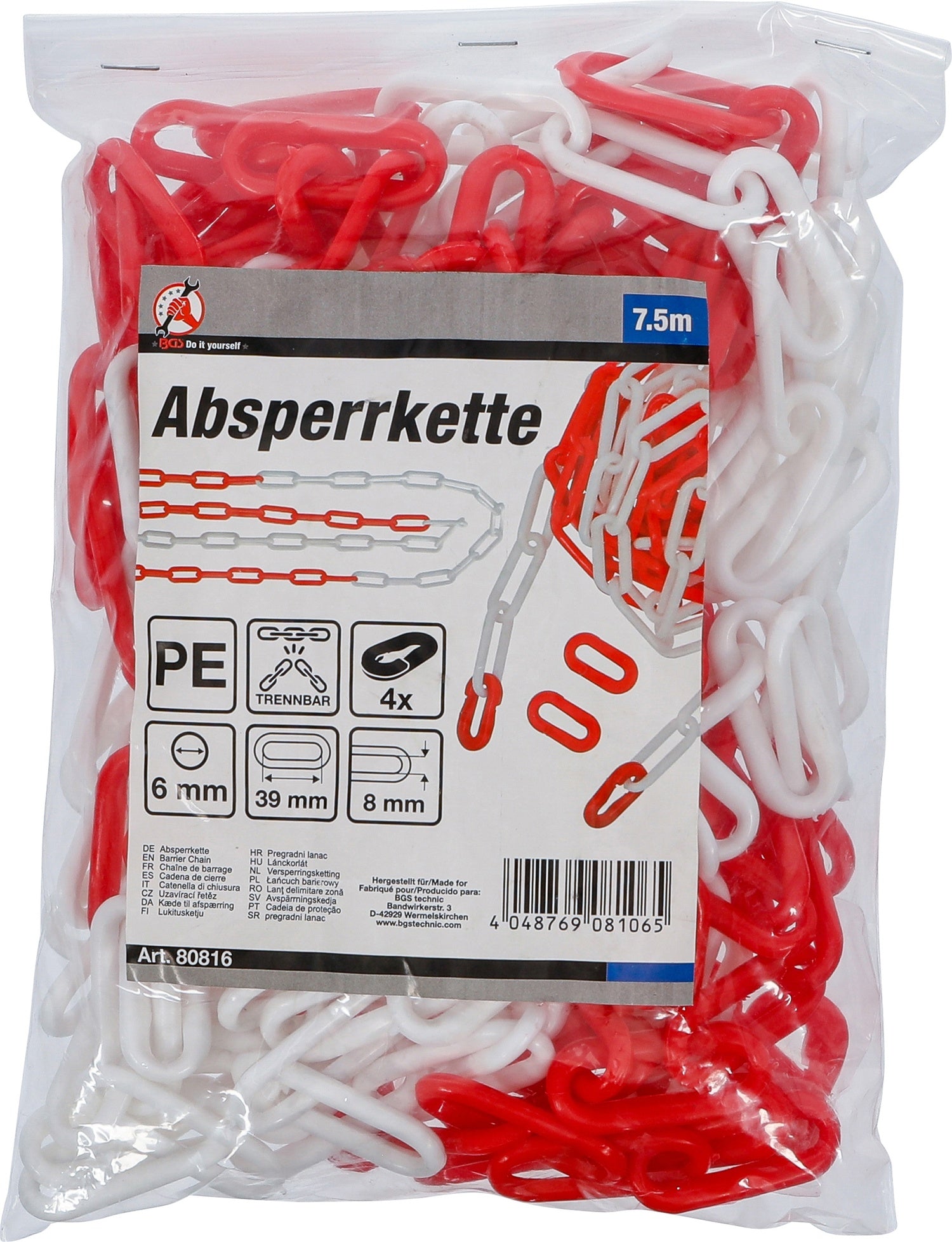 BGS DIY 80816 Kunststoff Gliederkette Absperrkette Sicherungskette Rot Weiß Länge 7,5m 4 Karabiner