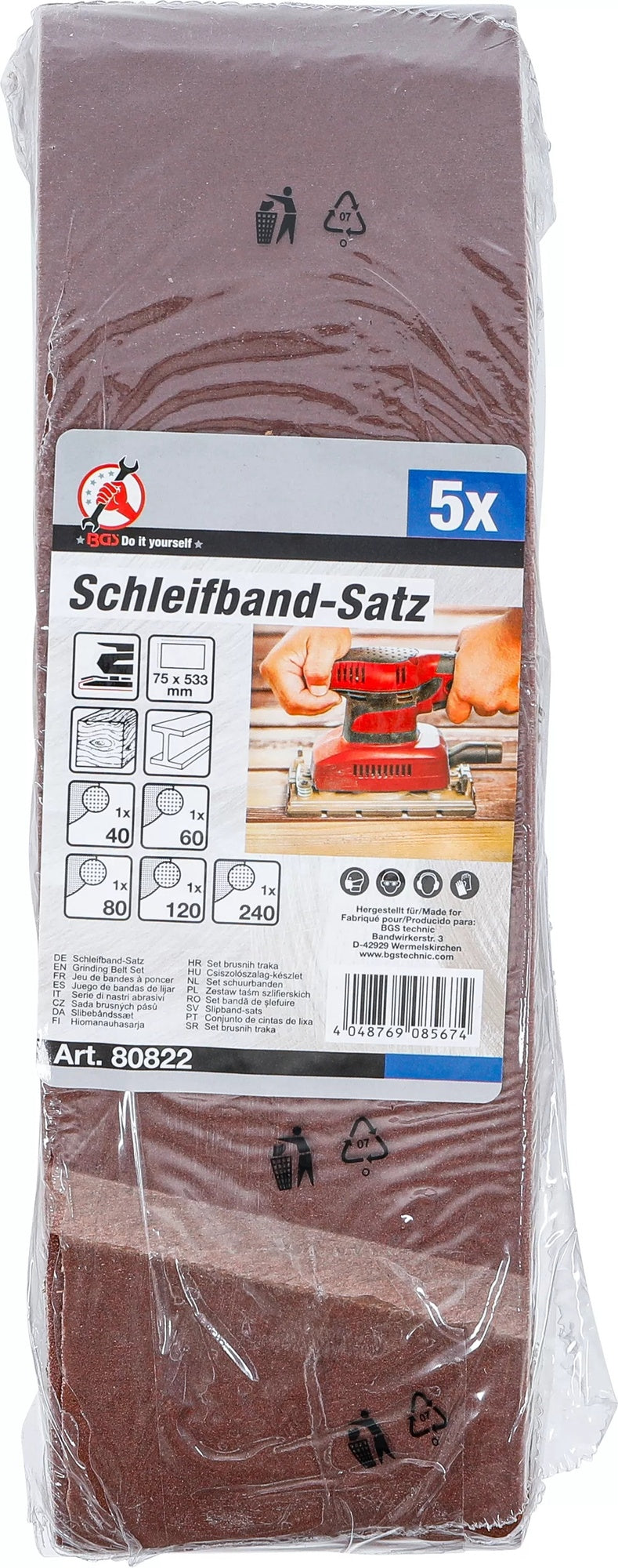 BGS DIY 80822 Satz Schleifband für Bandschleifer 75 x 533mm K 40 - 60 - 80 - 120 - 240 5 teilig