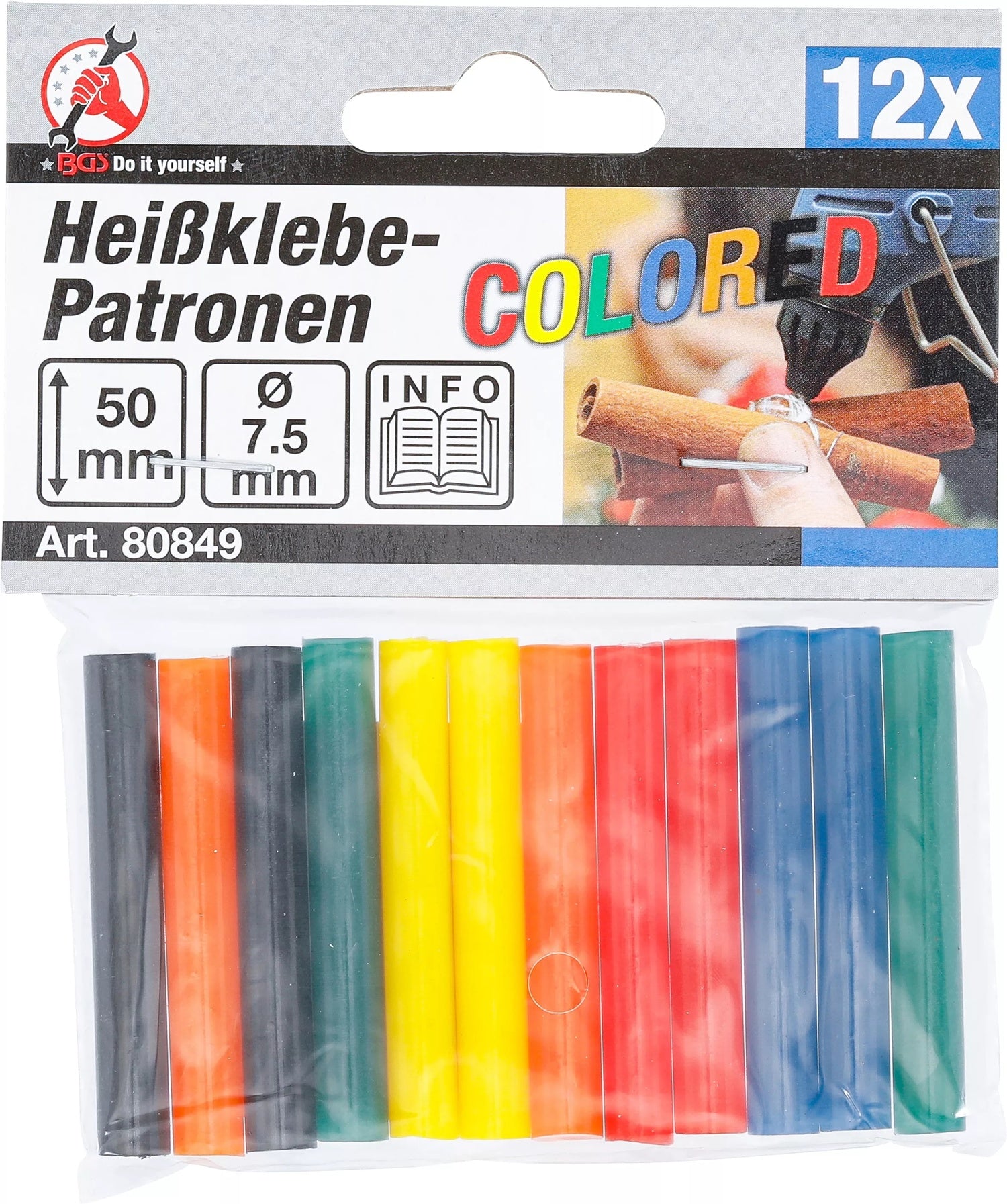 BGS DIY 80849 Heißklebepatronen bunt Ø 7,5mm x 50mm 12 teilig