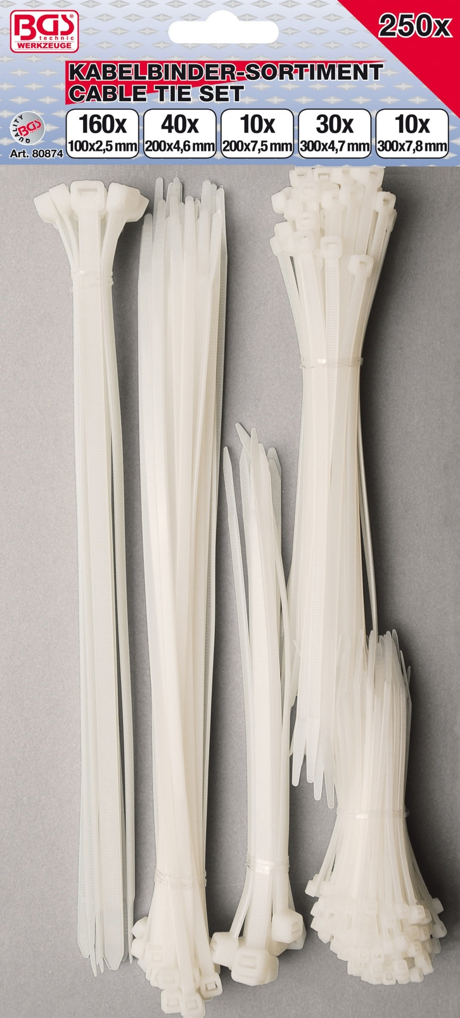 BGS 80874 Sortiment Kabelbinder weiß verschiedene Größen 250 teilig