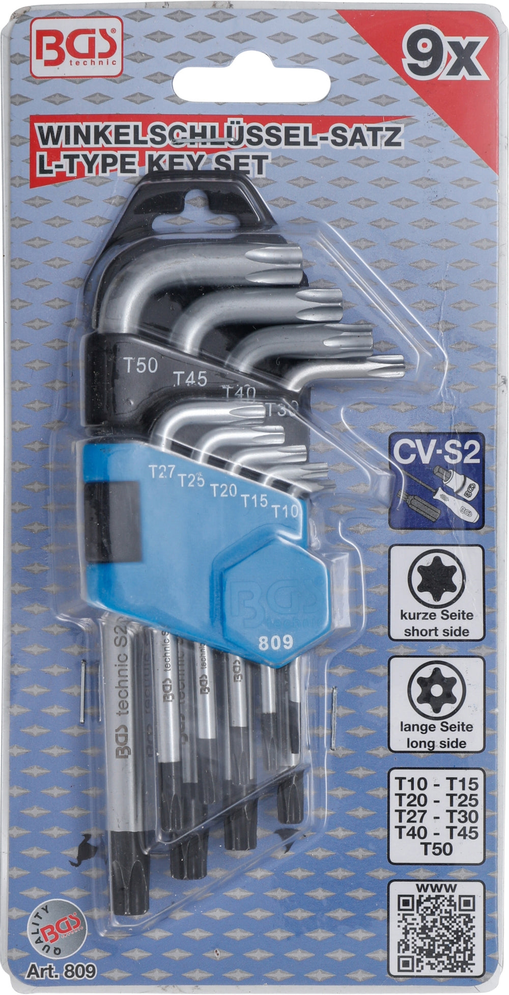 BGS 809 Satz Winkelschlüssel T-Profil (für Torx) kurz mit Bohrung T10 - T50 9 teilig