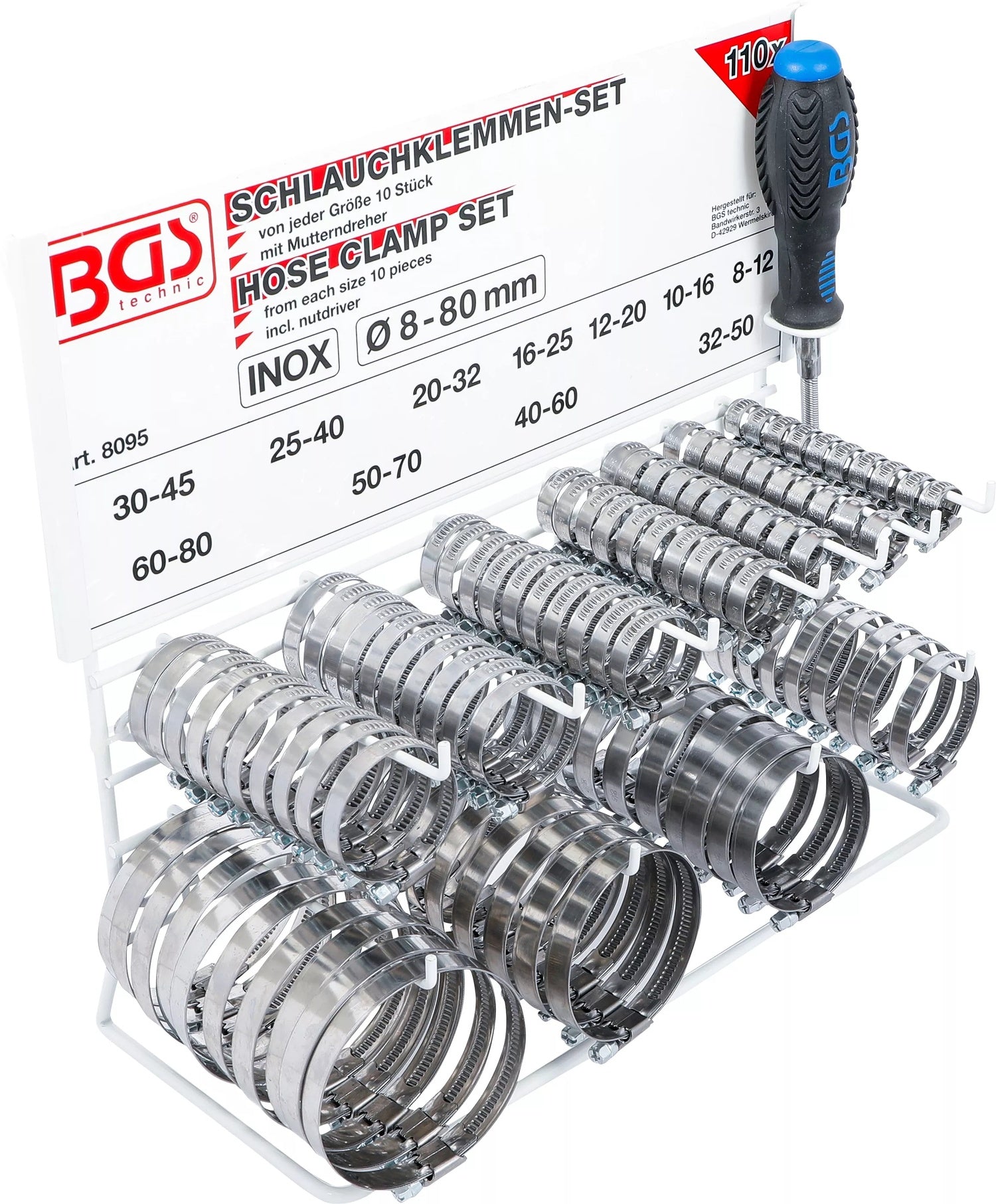 BGS 8095 Sortiment Schlauchklemmen rostfrei auf Tafel 111 teilig