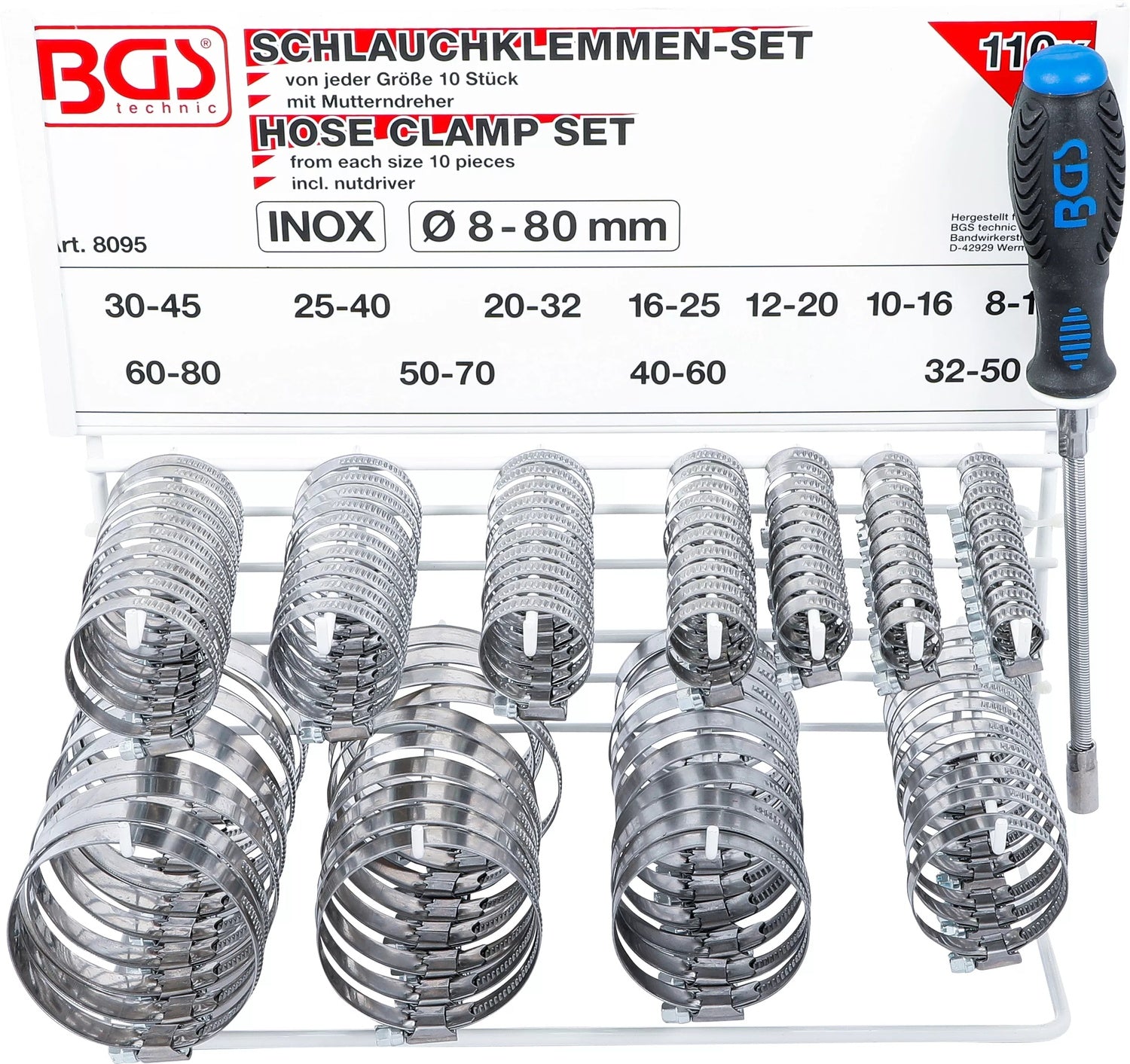 BGS 8095 Sortiment Schlauchklemmen rostfrei auf Tafel 111 teilig