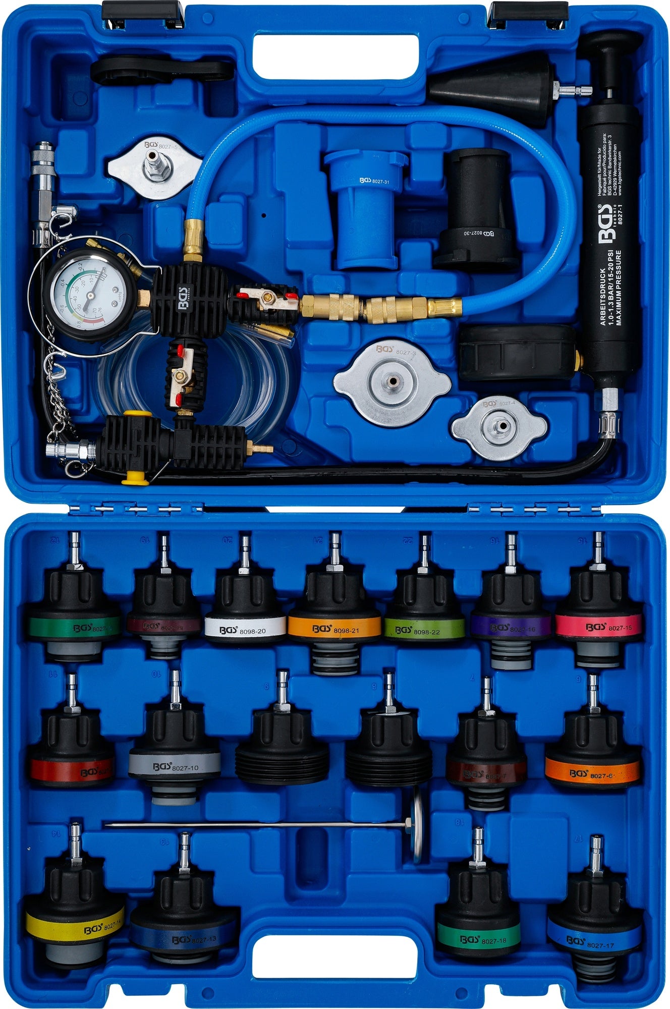 BGS 8098 Kühlsystem Abdrück- und Prüfgerät inkl. Befüllsystem 28 teilig