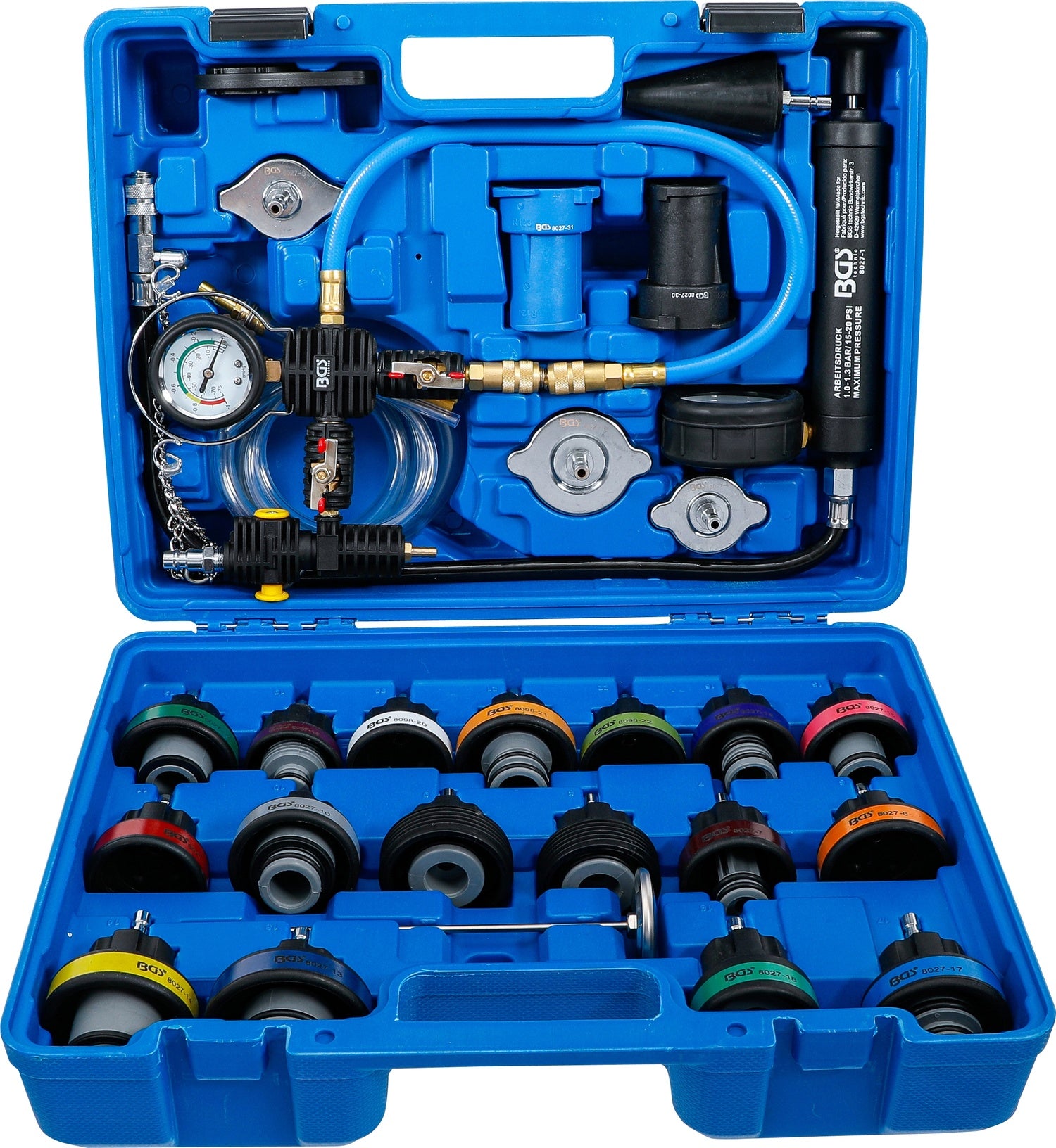 BGS 8098 Kühlsystem Abdrück- und Prüfgerät inkl. Befüllsystem 28 teilig