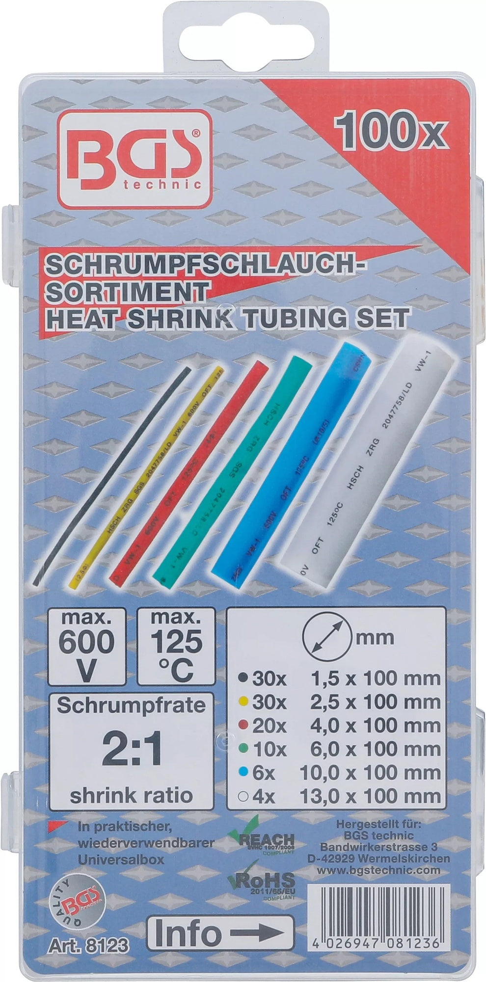 BGS 8123 Sortiment Schrumpfschlauch farbig sortiert 100 teilig