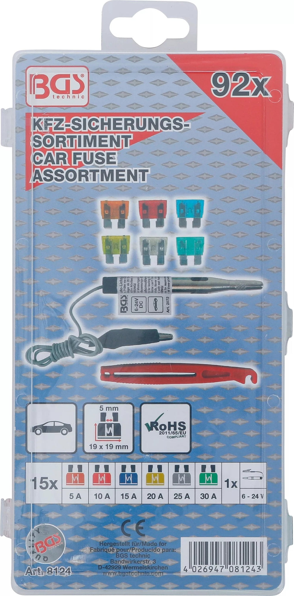 BGS 8124 Sortiment Kfz Sicherungen Standardsicherungen 5-30A mit Auszieher 92 teilig