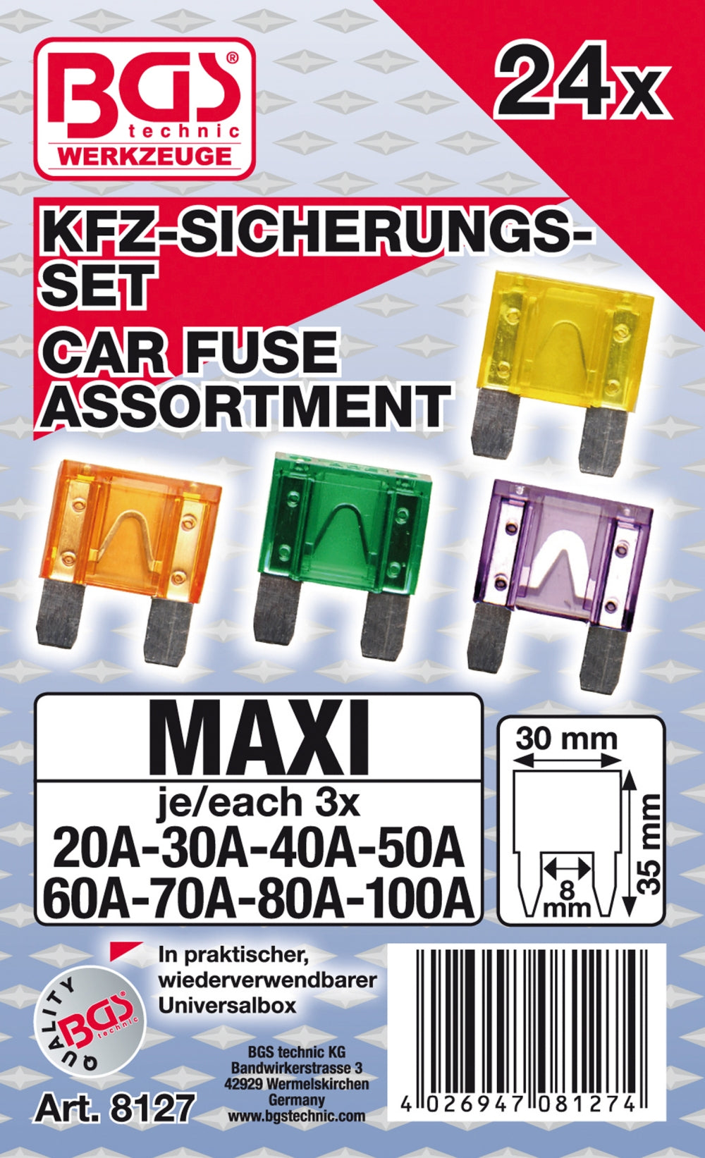 BGS 8127 Sortiment KfZ Sicherungen Maxi 24 teilig