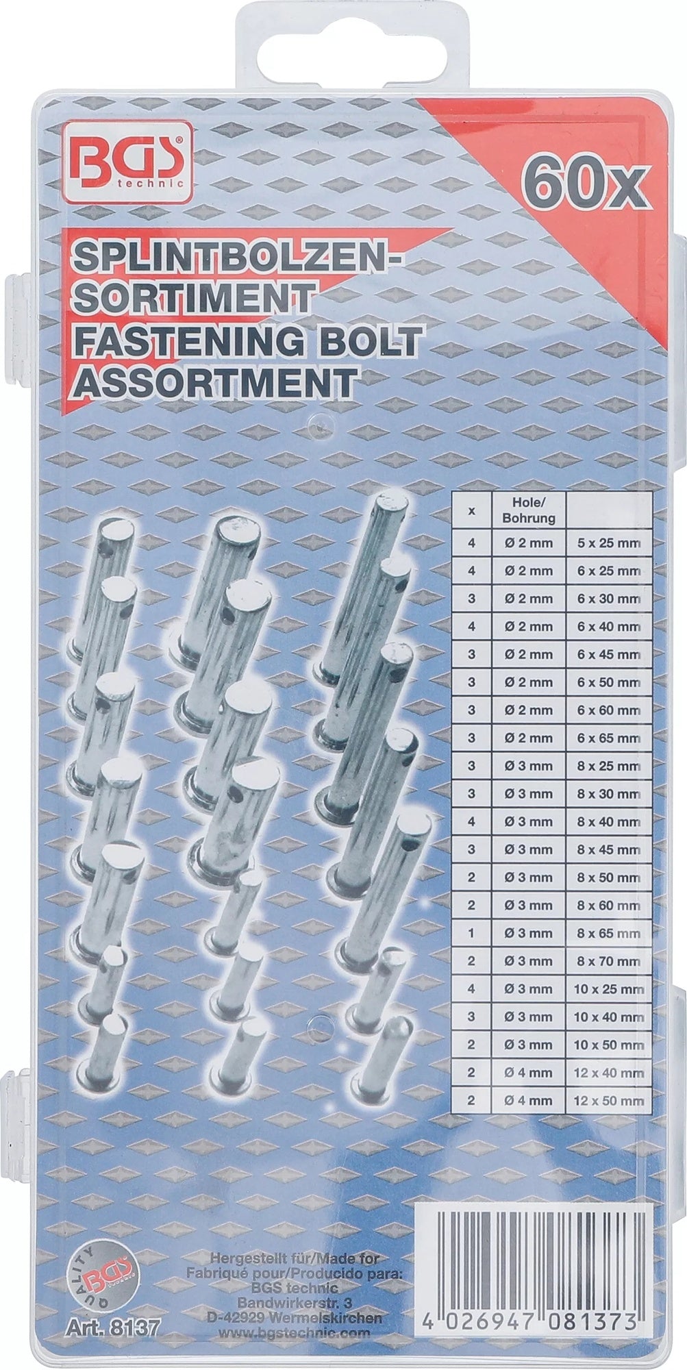 BGS 8137 Sortiment Sicherungsbolzen 60 teiliges Set Steckbolzen