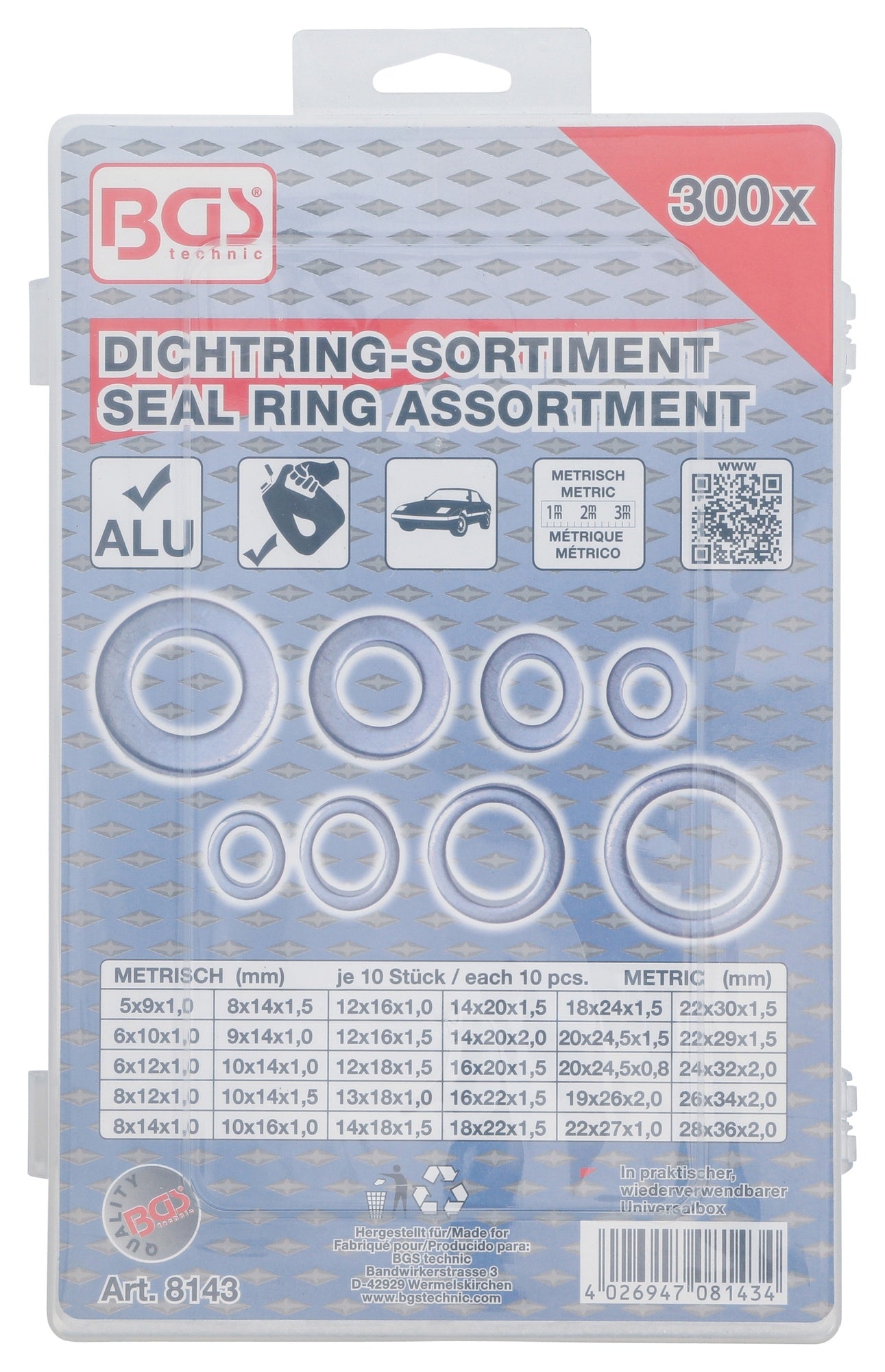 BGS 8143 Sortiment Aluminium Dichtringe für Ölablassschrauben 300 teilig Rechteck Profil