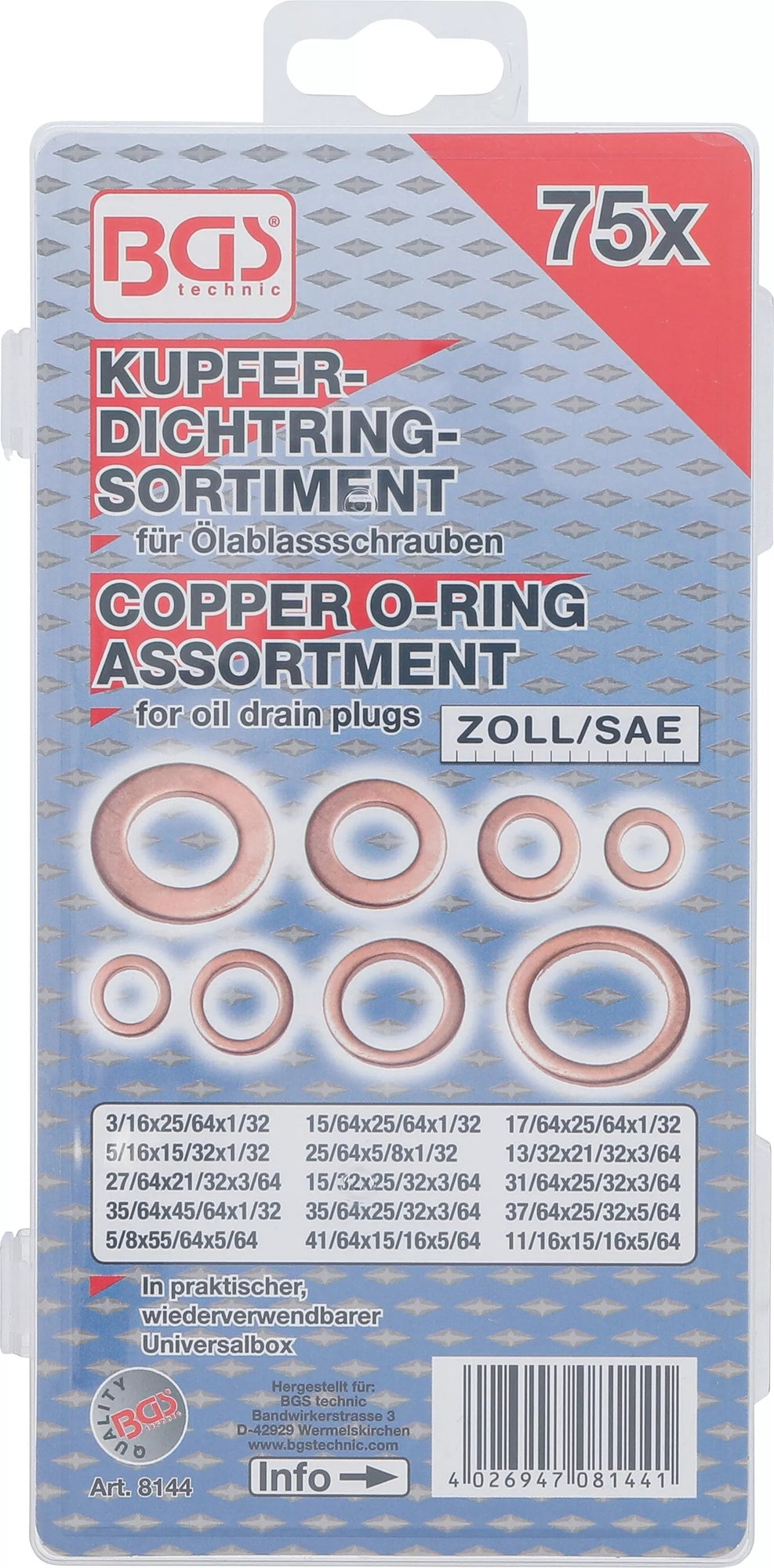 BGS 8144 Sortiment O-Ringe / Dichtungsringe Kupfer für Ölablassschrauben in Zollgrößen 75 teilig