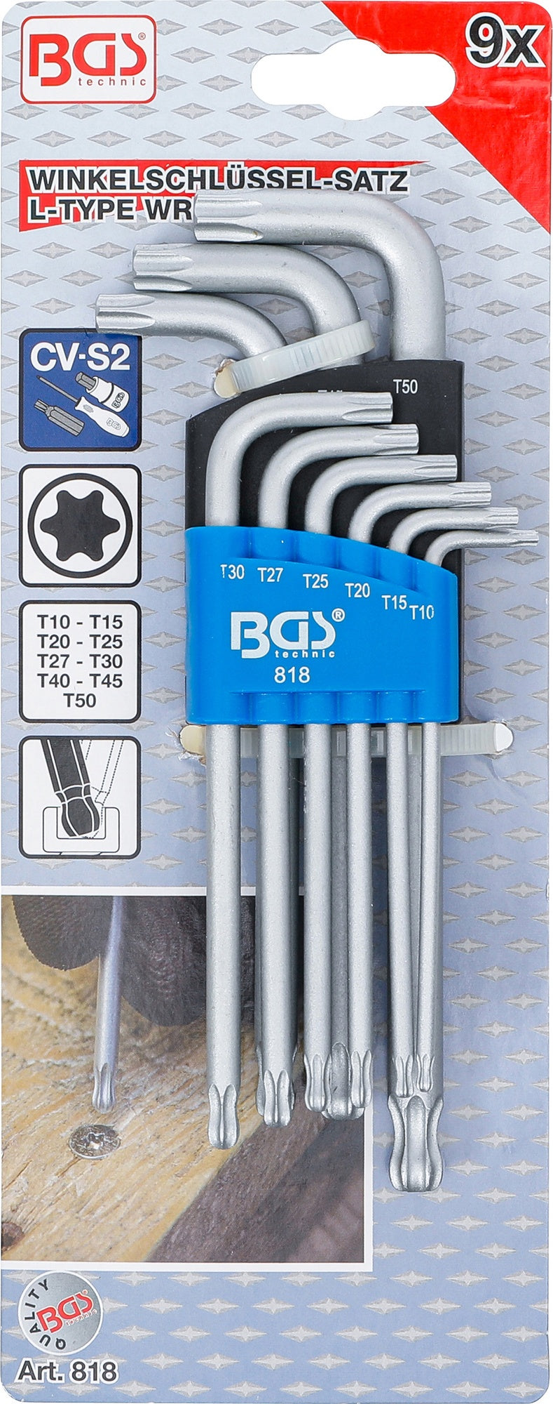 BGS 818 Satz Winkelschlüssel T-Profil (für Torx) mit Kugelkopf T10 - T50 mm 9 teilig