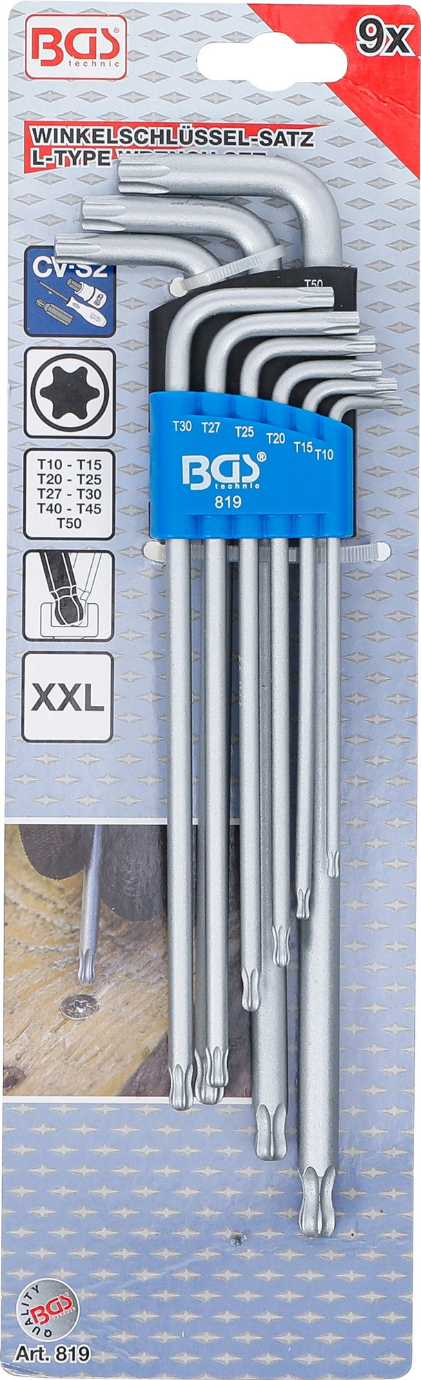BGS 819 Satz Winkelschlüssel extra lang T-Profil (für Torx) mit Kugelkopf T10 - T50 9 teilig
