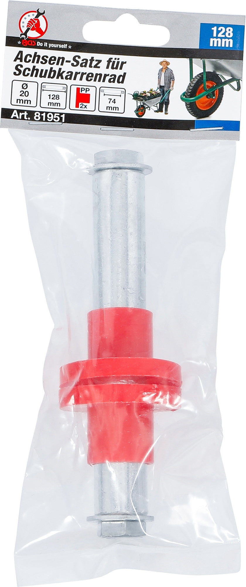 BGS DIY 81951 Achsensatz für Schubkarrenrad 128mm Ø20mm mit 2 Distanzhülsen