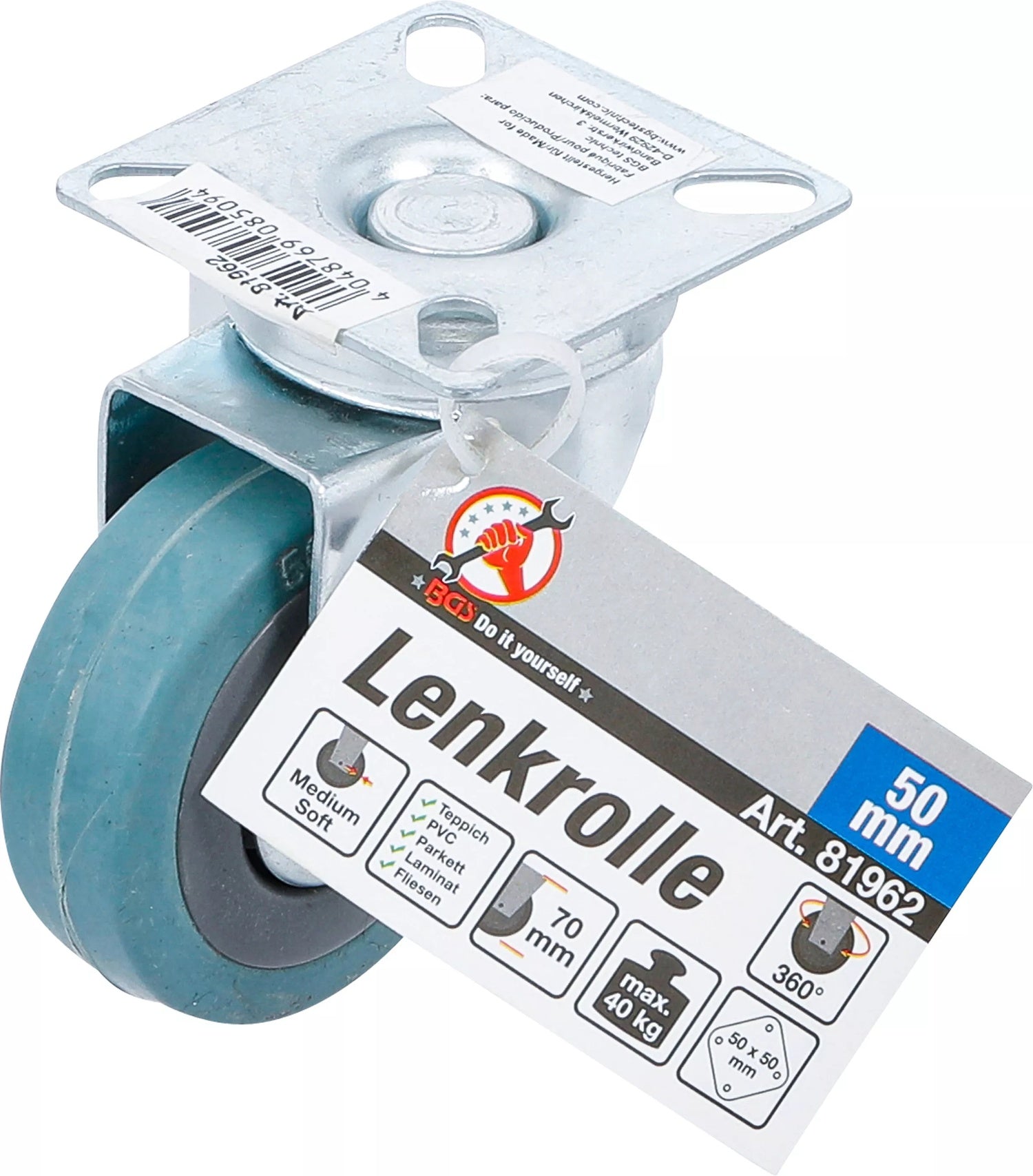 BGS DIY 81962 Lenkrolle Gummi mit Anschraubsockel Ø 50mm