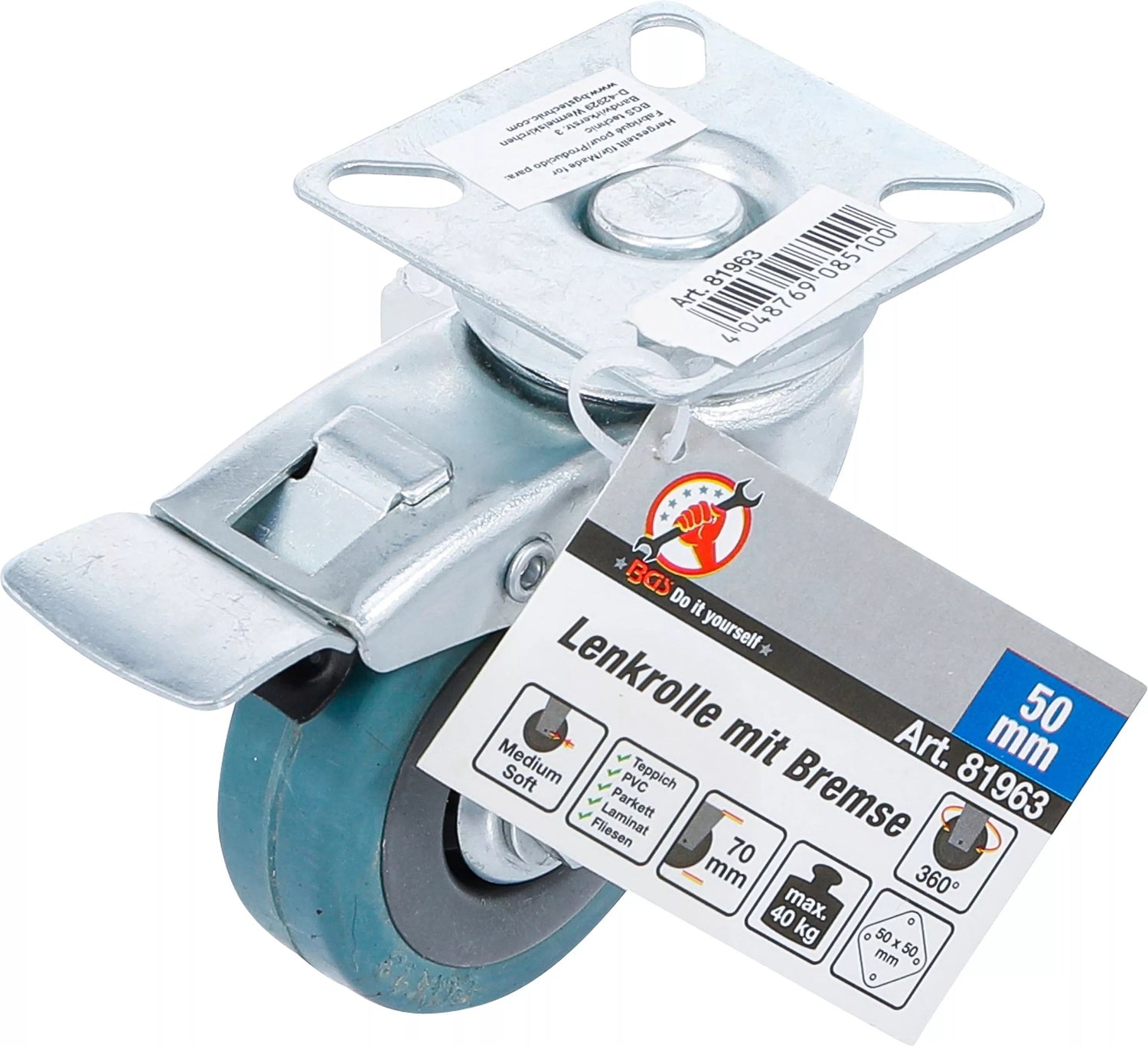 BGS DIY 81963 Bockrolle mit Bremse Gummi mit Anschraubsockel Ø 50mm