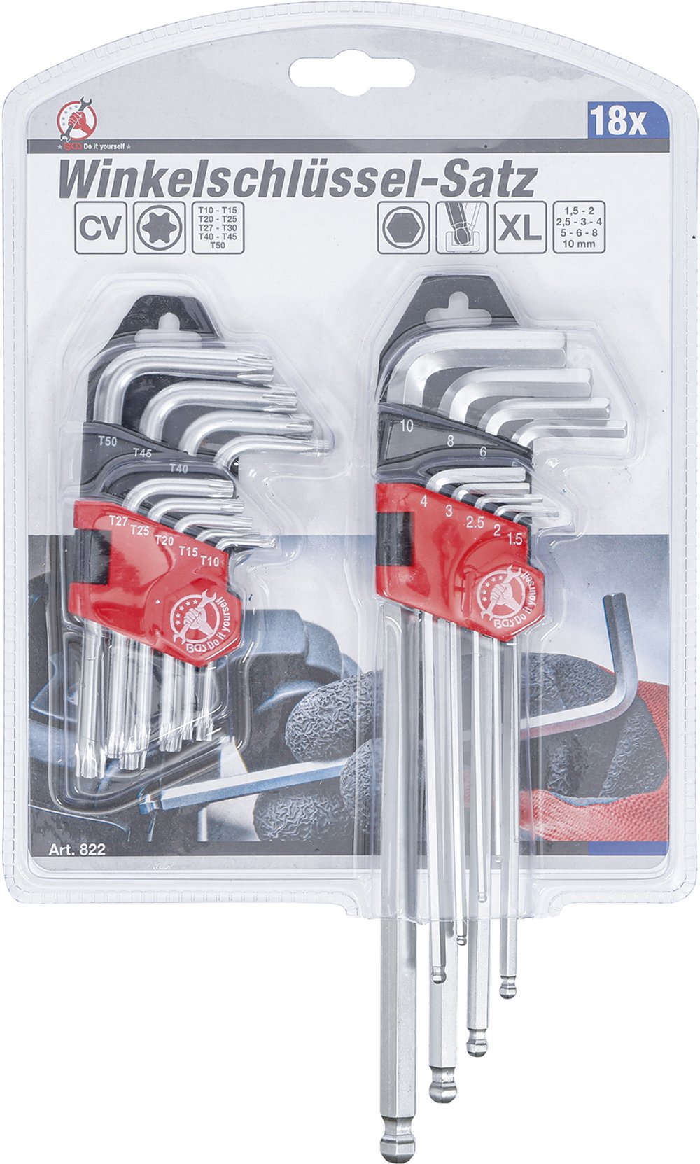 BGS DIY 822 Satz Innensechskant Winkelschlüssel lang metrisch T-Profil (für Torx) T10 - T50 18-teilig