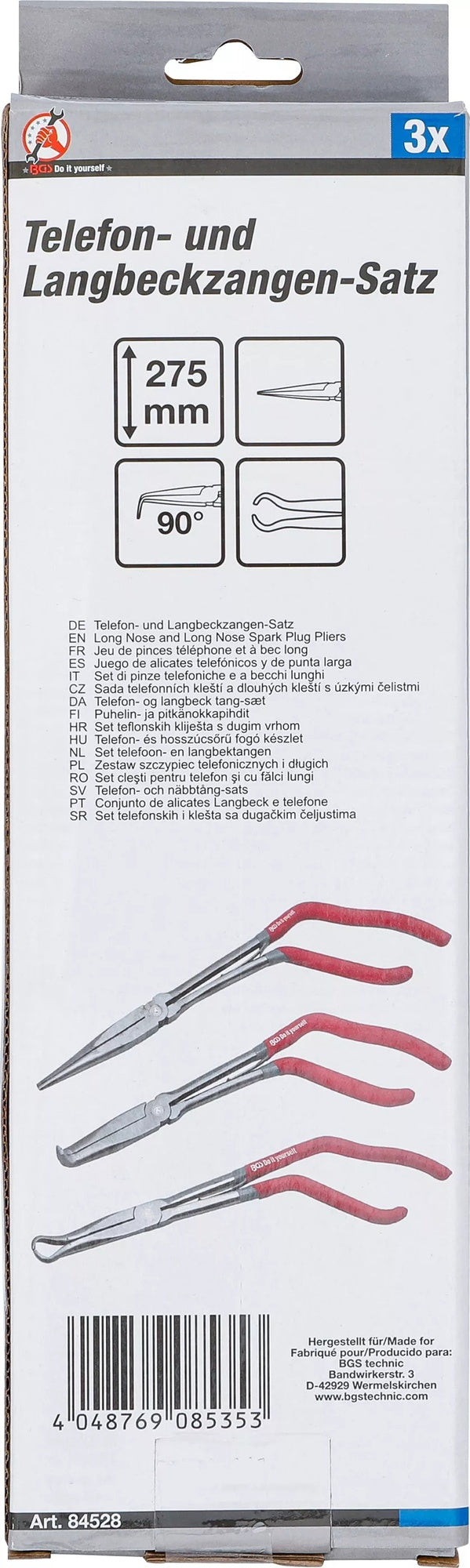 BGS DIY 84528 Satz Telefonzangen Langbeckzangen mit Pistolengriff Länge 275mm 3 teilig