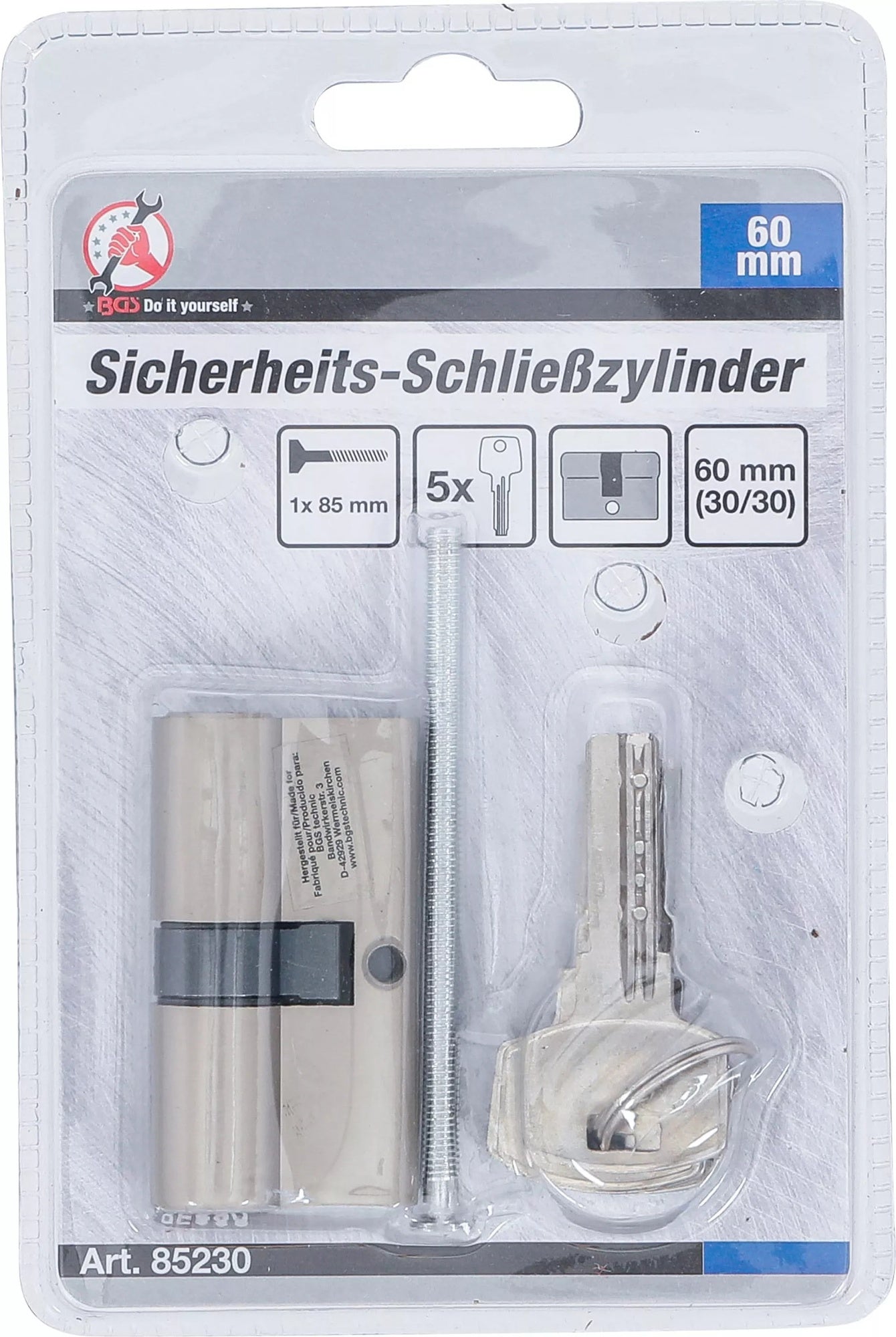 BGS DIY 85230 Sicherheits Schließzylinder Zylinderlänge 60mm Größe 30/30mm