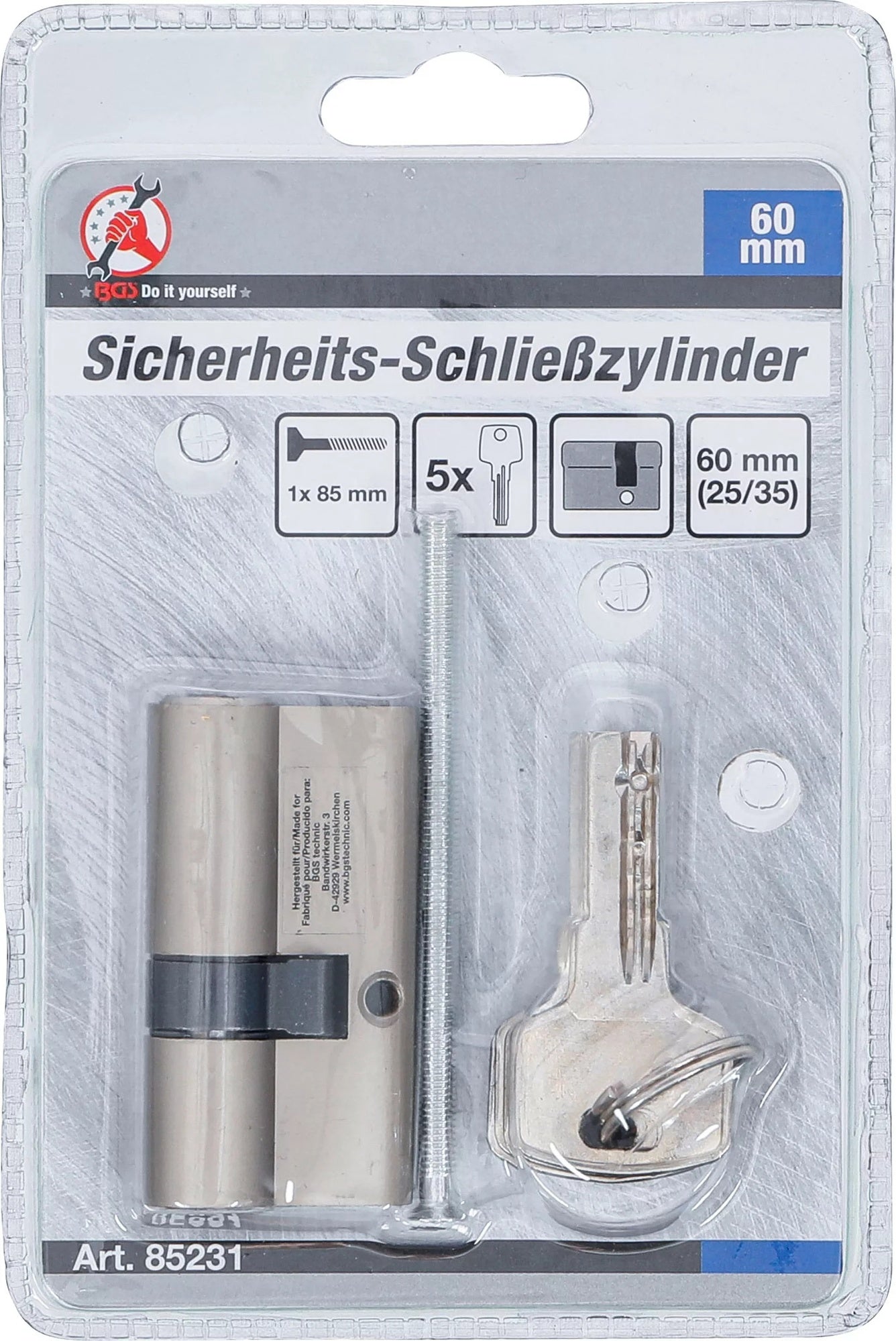 BGS DIY 85231 Sicherheits Schließzylinder Zylinderlänge 60mm Größe 25/35mm