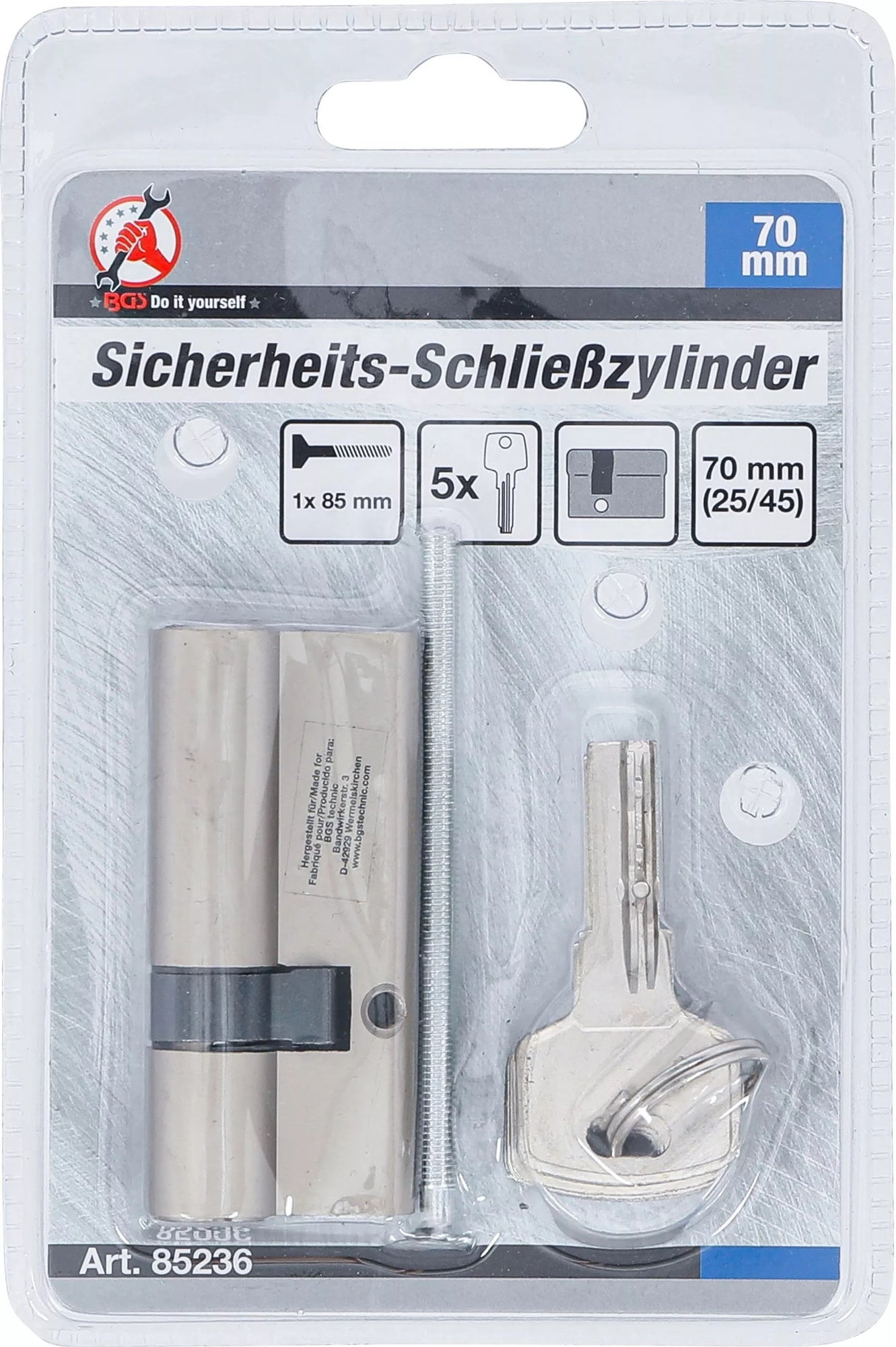 BGS DIY 85236 Sicherheits Schließzylinder Zylinderlänge 70mm Größe 25/45mm