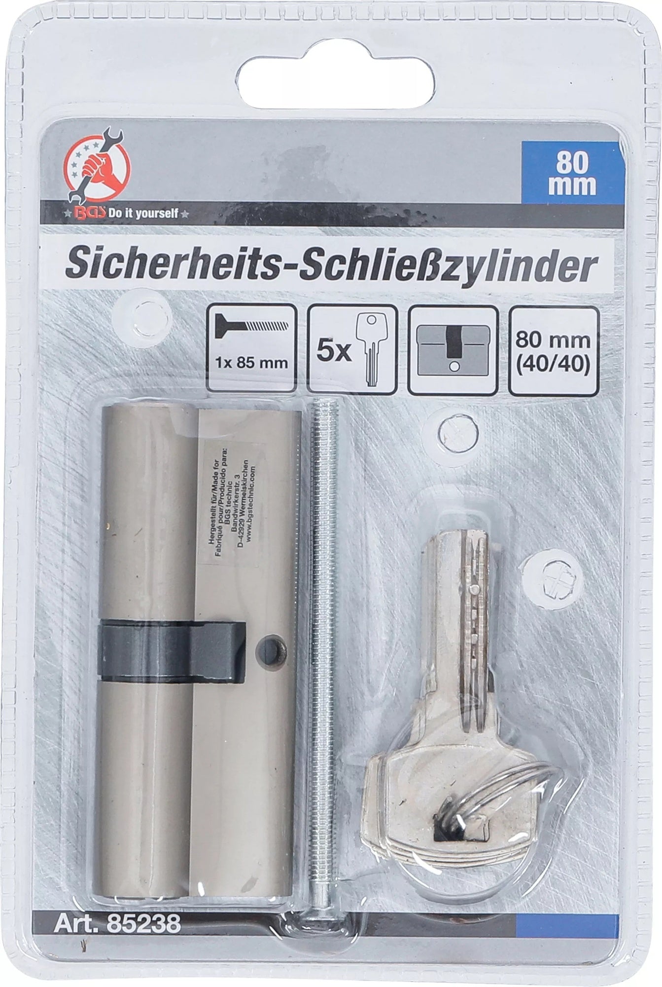 BGS DIY 85238 Sicherheits Schließzylinder Zylinderlänge 80mm Größe 40/40mm