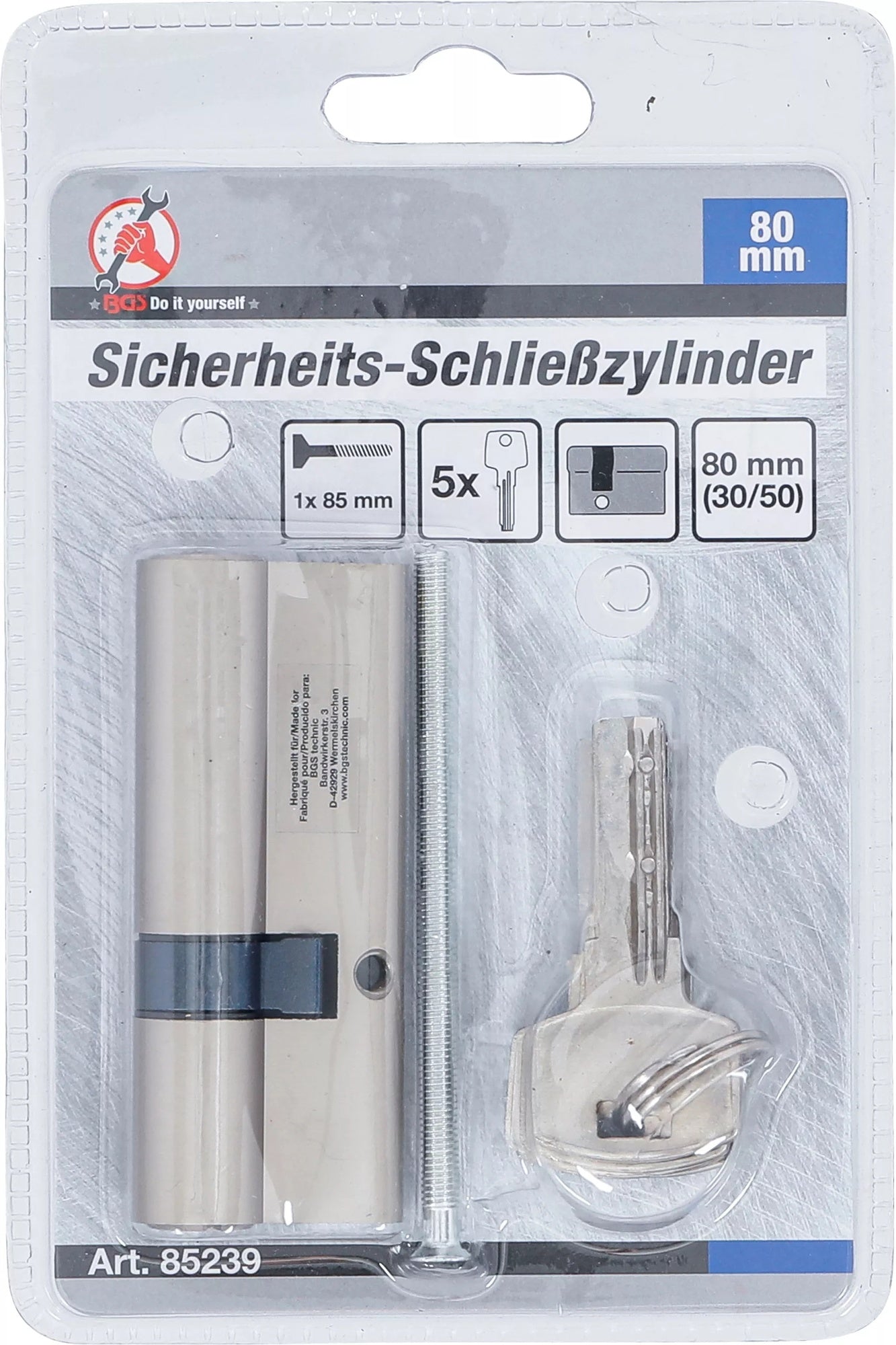 BGS DIY 85239 Sicherheits Schließzylinder Zylinderlänge 80mm Größe 30/50mm